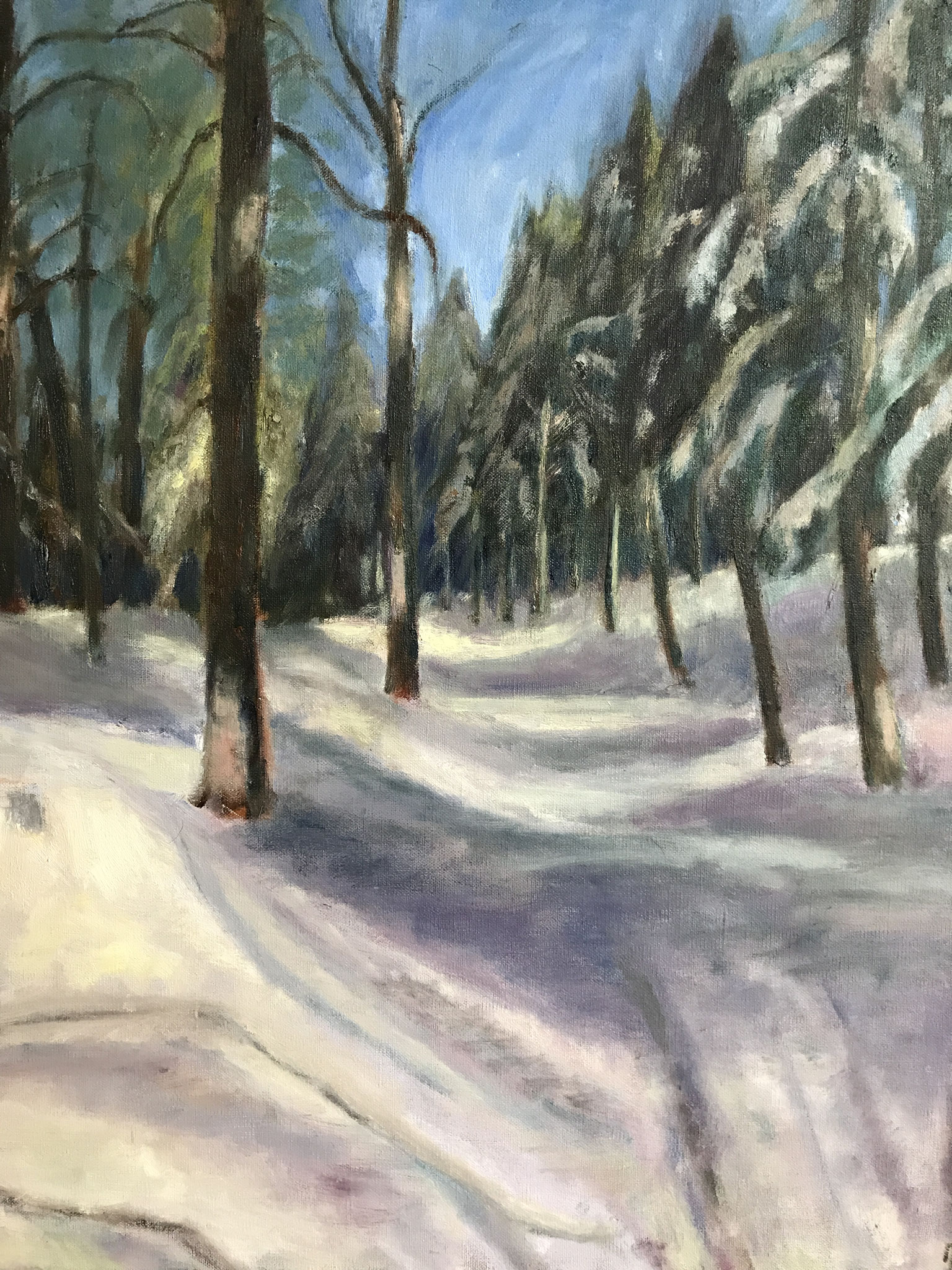 Pad in Smithuyserbos. 50x60cm. oli op natuurlinnen. 