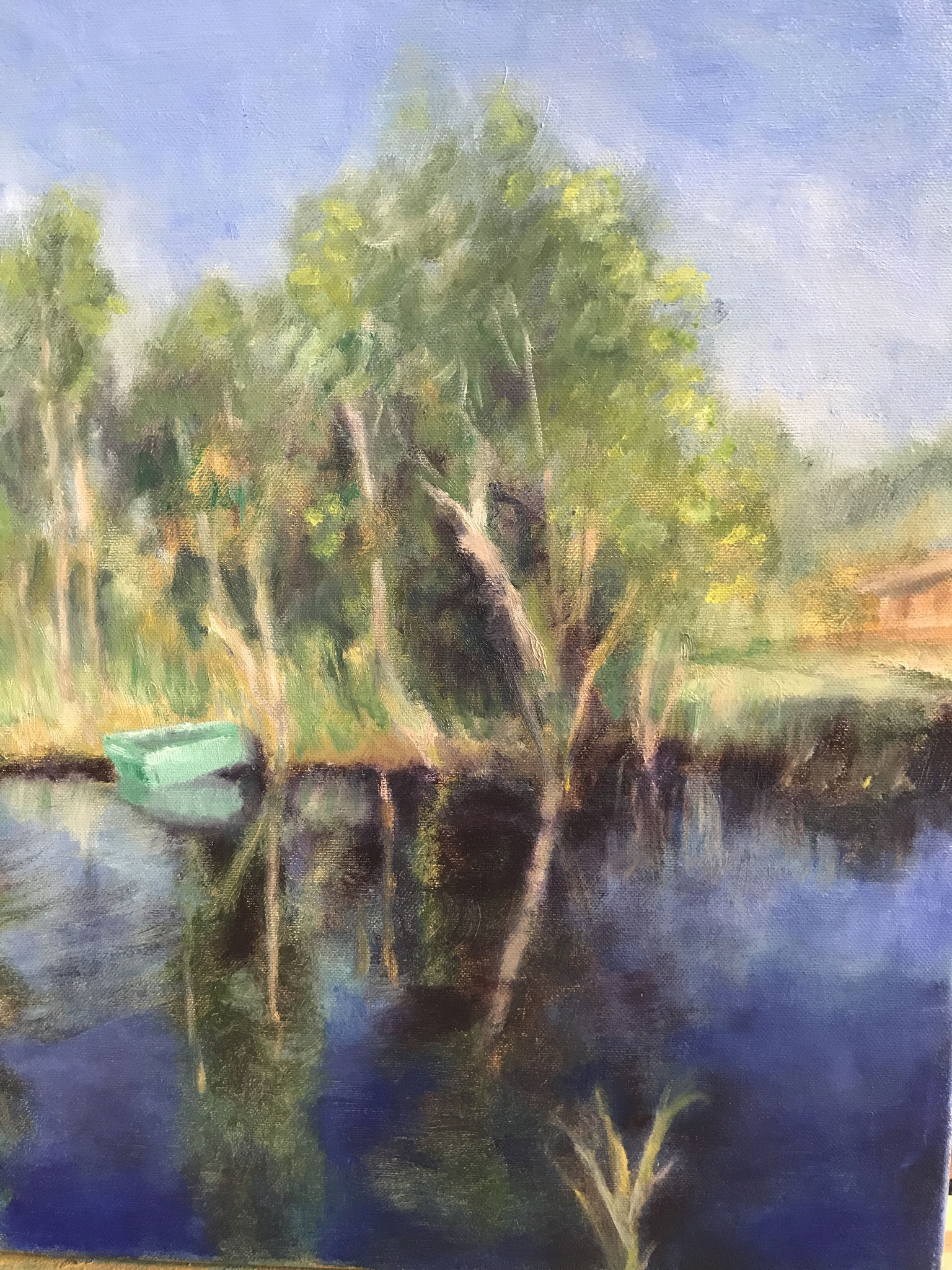 Groen bootje in Gravingen. 40x50cm Olie op doek. 