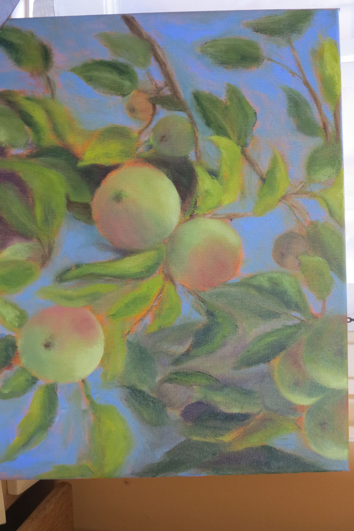 VERKOCHT appels in paars I  40x50cm  olie op linnen.   ingelijst in baklijst,
