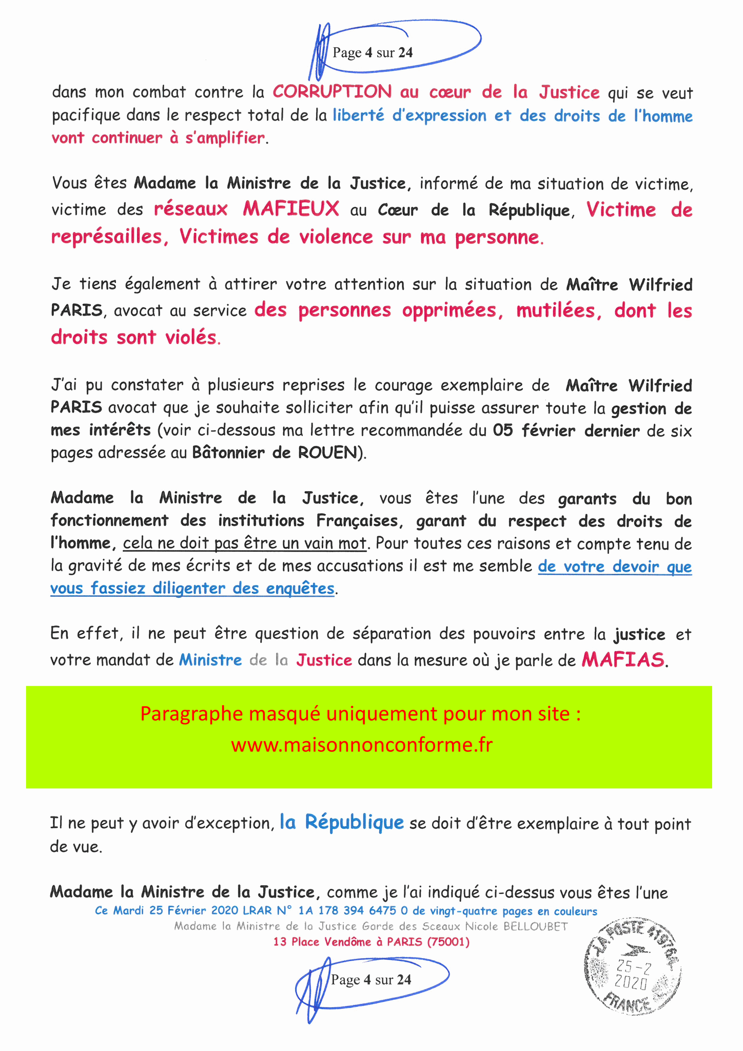 Ma LRAR à Madame Nicole BELLOUBET la Ministre de la Justice N0 1A 178 394 6475 0 Page 4 sur 24 en couleur  www.jesuispatrick.com www.jesuisvictime.fr www.alerte-rouge-france.fr