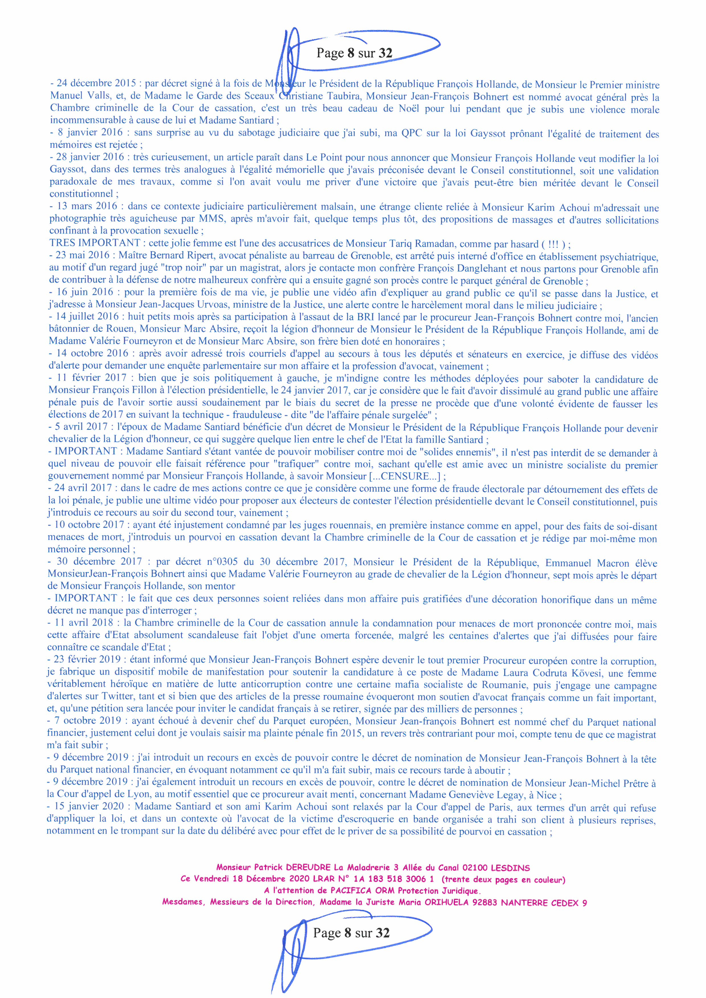 Ma lettre Recommandée du 18 Décembre 2020 de Trente deux pages en couleurs adressée à ma Protection Juridique PACIFICA du Crédit Agricole REFUS DE PRISE EN CHARGE D'un Dossier pour des Violences en Bande Organisée avec Souffrances www.jesuispatrick.fr