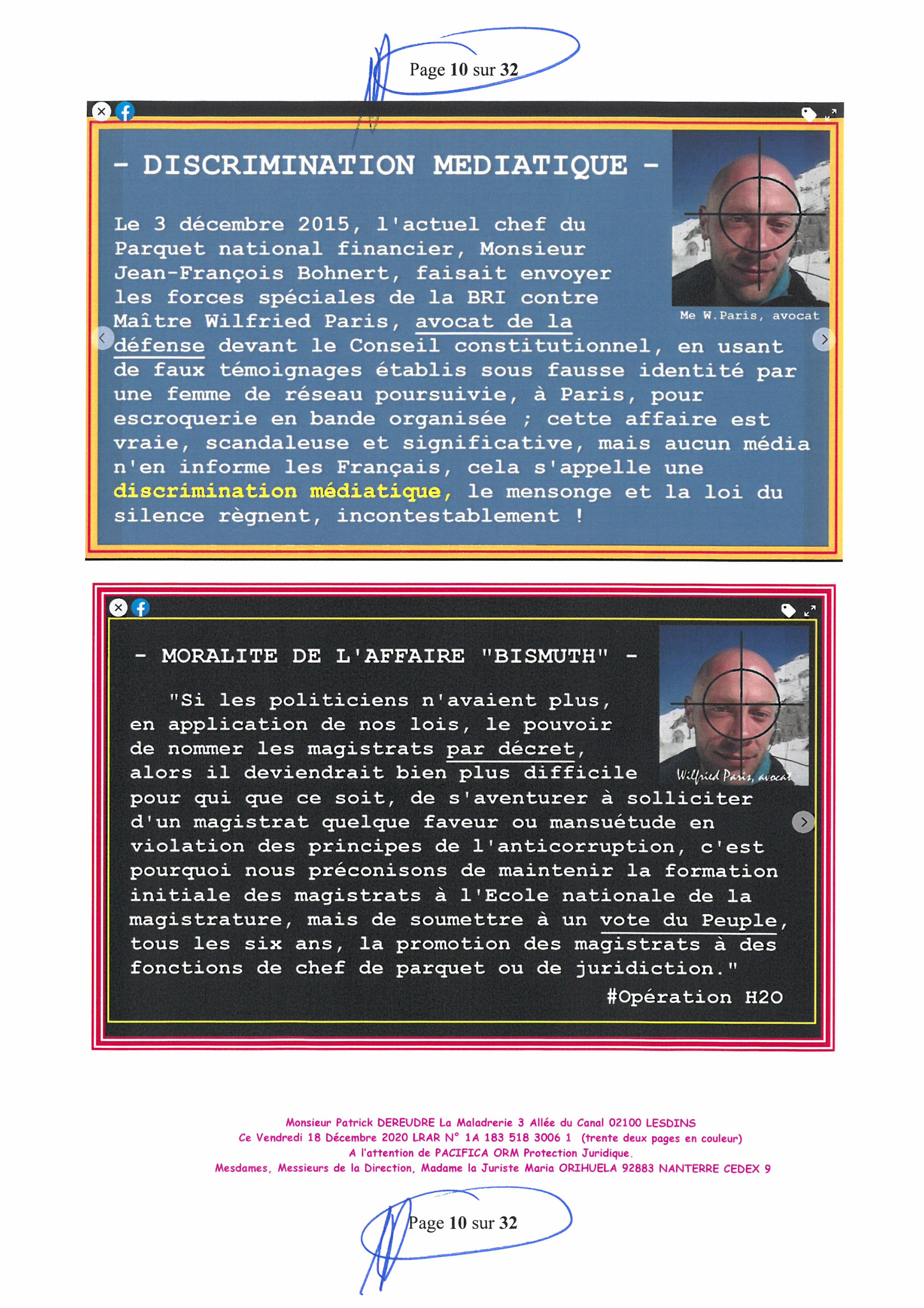 Ma lettre Recommandée du 18 Décembre 2020 de Trente deux pages en couleurs adressée à ma Protection Juridique PACIFICA du Crédit Agricole REFUS DE PRISE EN CHARGE D'un Dossier pour des Violences en Bande Organisée avec Souffrances www.jesuispatrick.fr