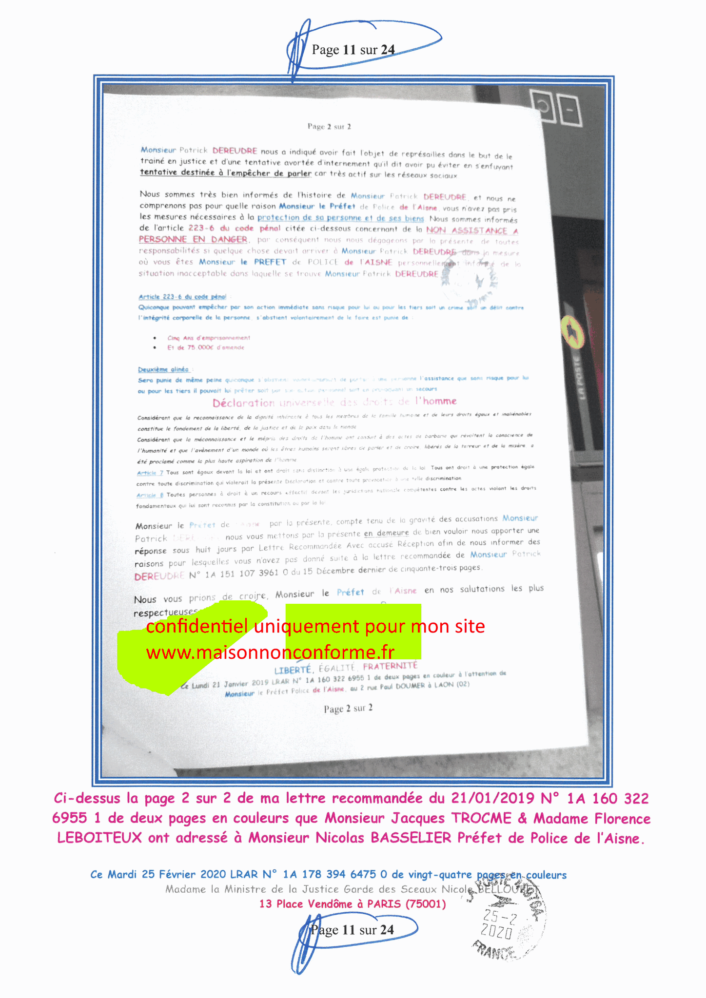 Ma LRAR à Madame Nicole BELLOUBET la Ministre de la Justice N0 1A 178 394 6475 0 Page 11 sur 24 en couleur  www.jesuispatrick.com