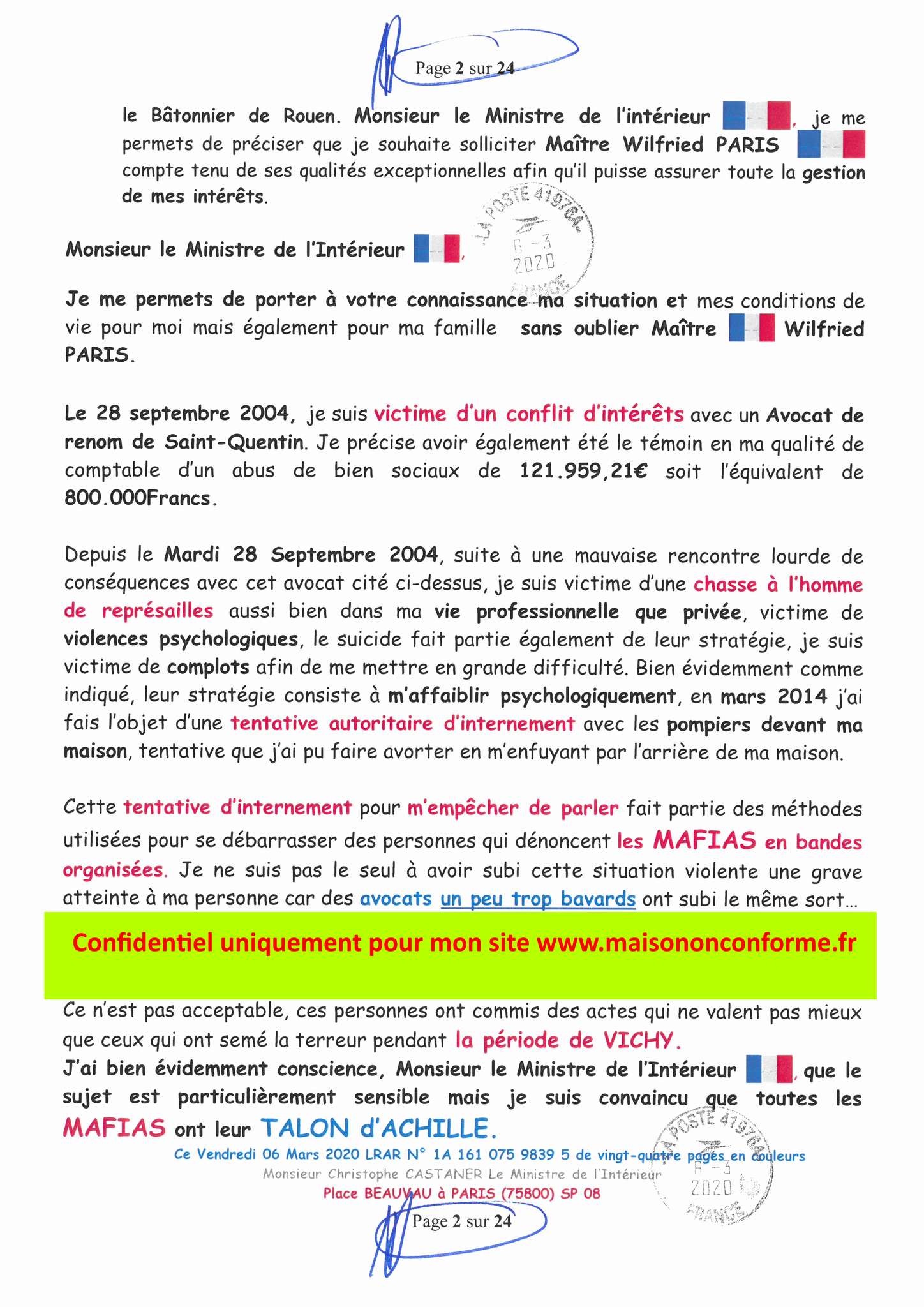 Ma LRAR à Monsieur le Ministre de l'Intérieur Christophe CASTANER N°1A 161 075 9839 5  Page 2 sur 24 en couleur du 06 Mars 2020  www.jesuispatrick.fr www.jesuisvictime.fr www.alerte-rouge-france.fr
