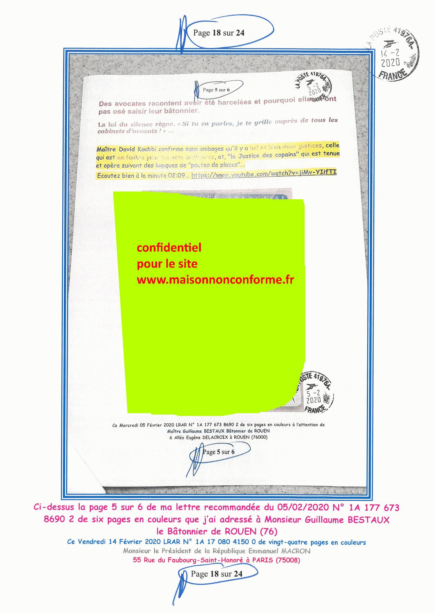 Ma lettre recommandée du 14 Février 2020 N° 1A 178 082 4150 0  page 18 sur 24 en couleur que j'ai adressé à Monsieur Emmanuel MACRON le Président de la République www.jesuispatrick.fr