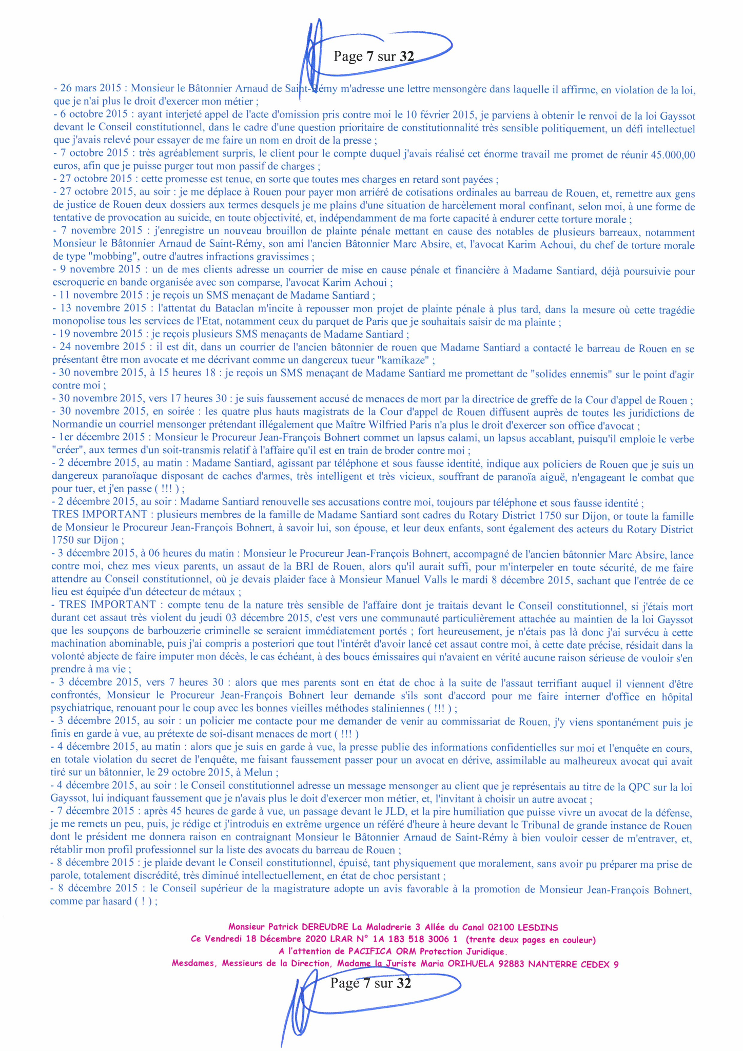 Ma lettre Recommandée du 18 Décembre 2020 de Trente deux pages en couleurs adressée à ma Protection Juridique PACIFICA du Crédit Agricole REFUS DE PRISE EN CHARGE D'un Dossier pour des Violences en Bande Organisée avec Souffrances www.jesuispatrick.fr