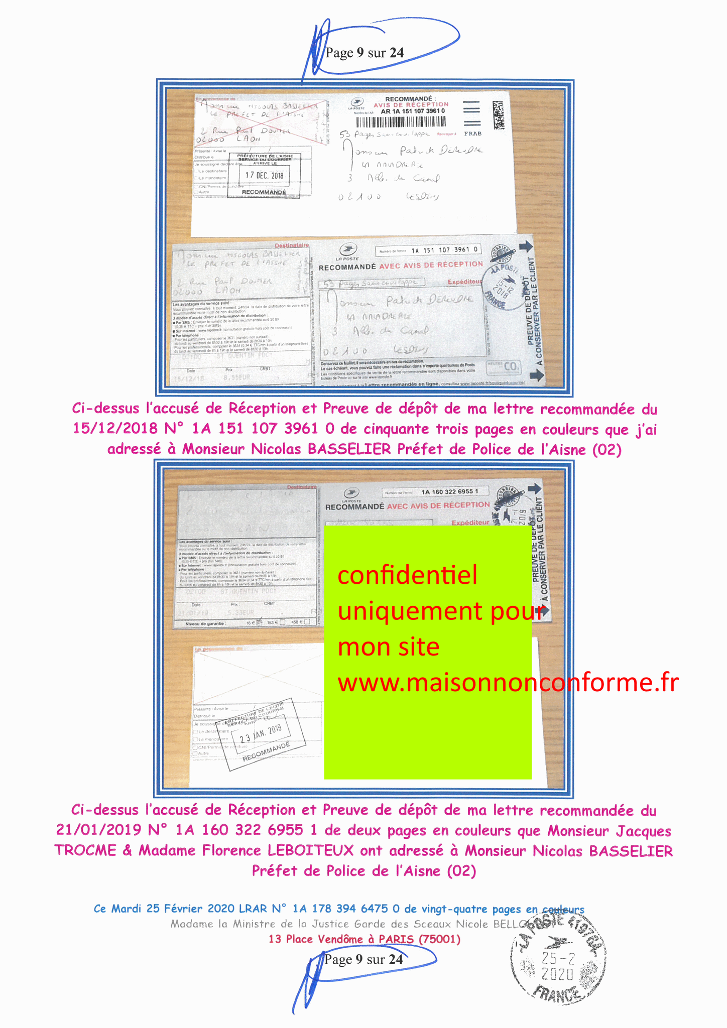 Ma LRAR à Madame Nicole BELLOUBET la Ministre de la Justice N0 1A 178 394 6475 0 Page 9 sur 24 en couleur  www.jesuispatrick.com www.jesuisvictime.fr www.alerte-rouge-france.fr