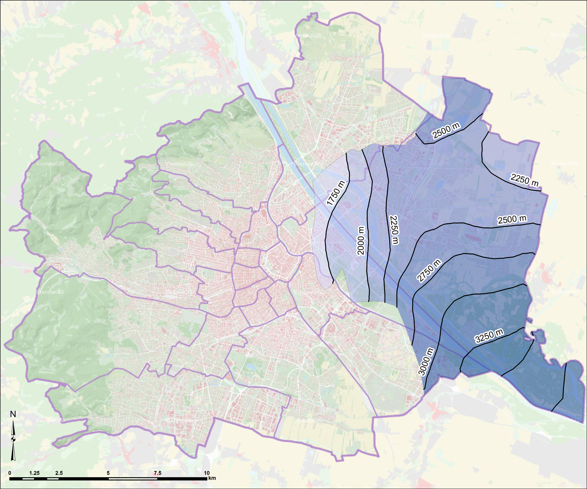 Tiefenlage (Meter unter Gelände) des Aderklaaer Konglomerats in Wien