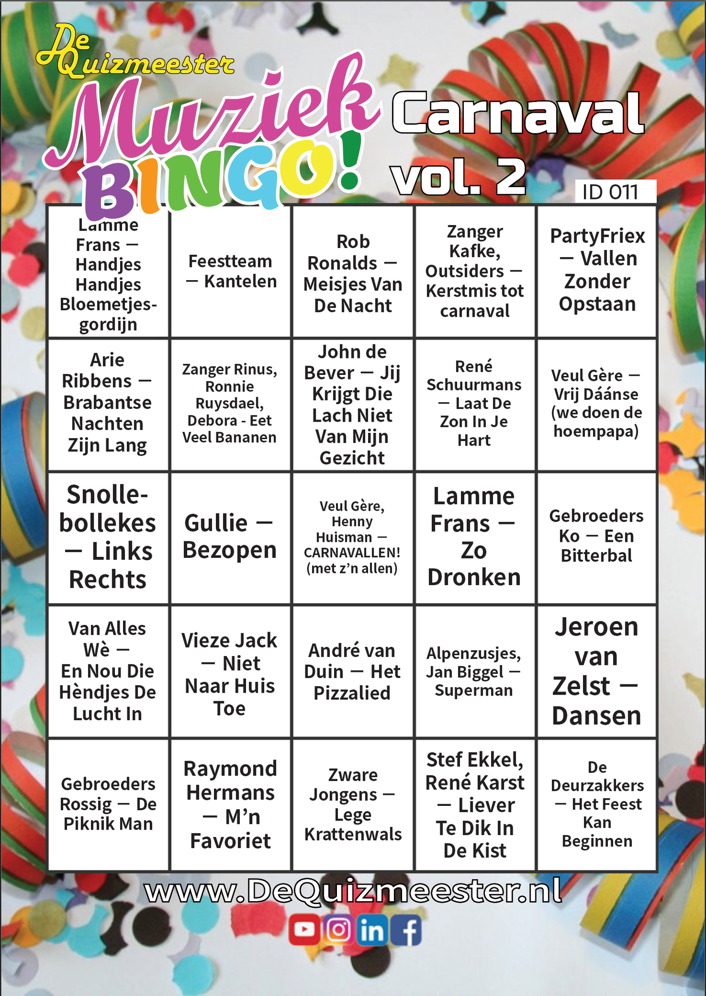 Muziekbingo Carnaval feest carnavalskrakers liedjesbingo liedjes bingo