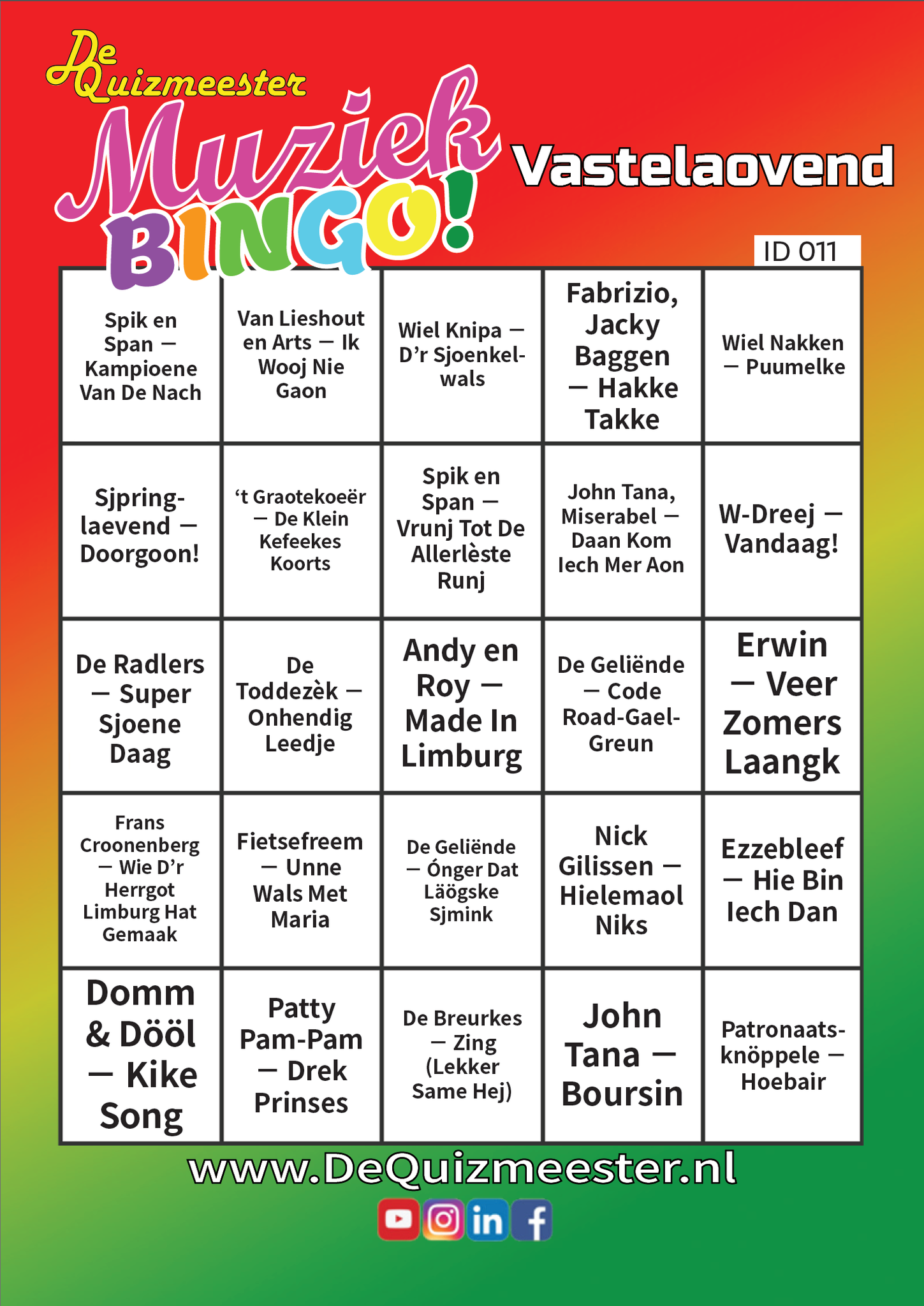 Muziekbingo vastelaovend carnaval Limburg muziek bingo