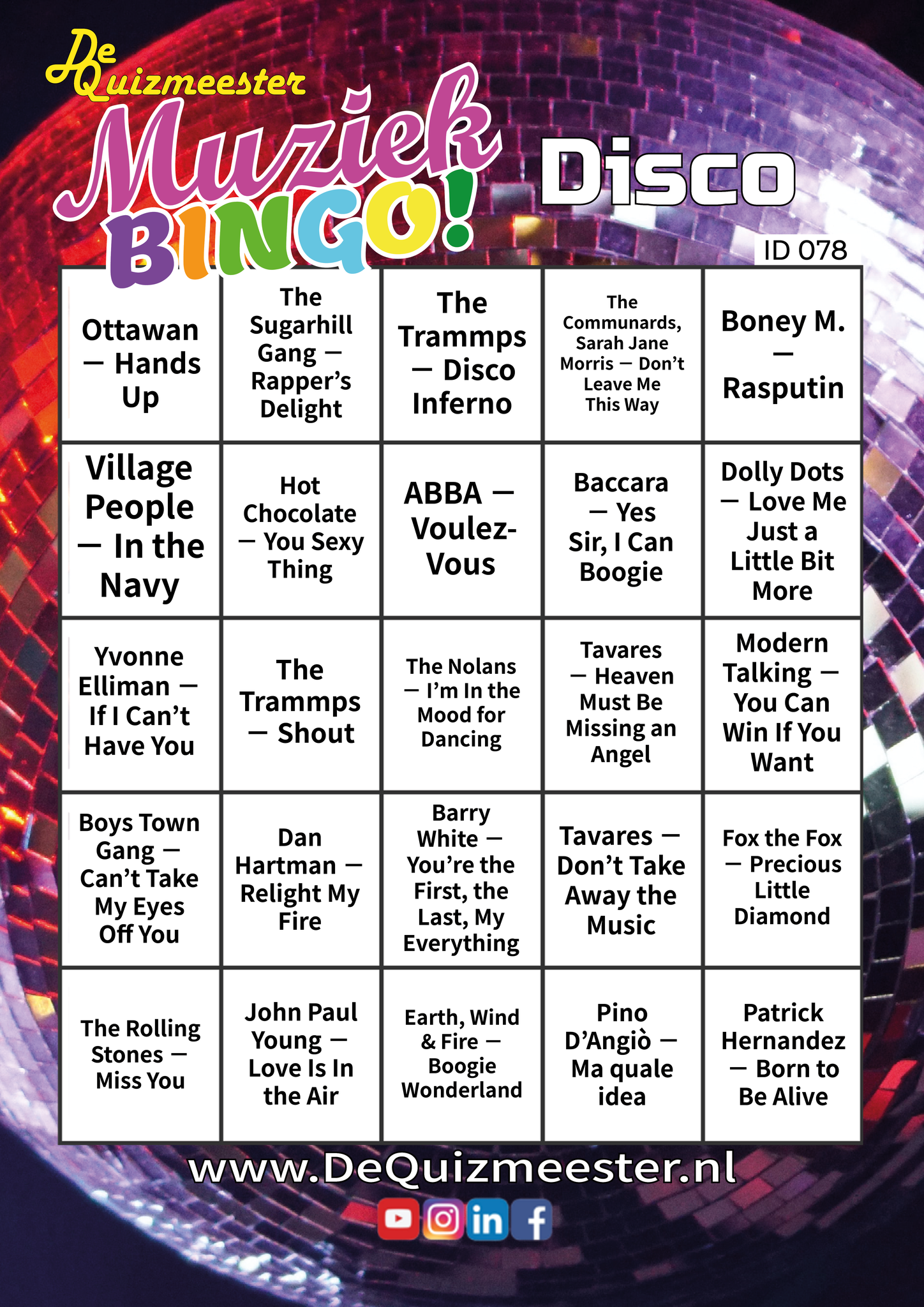 Muziekbingo disco jaren 70 80