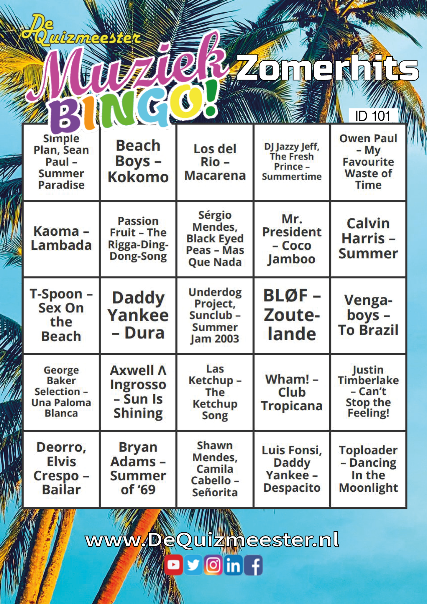 Muziekbingo Zomerhits zomer liedjesbingo