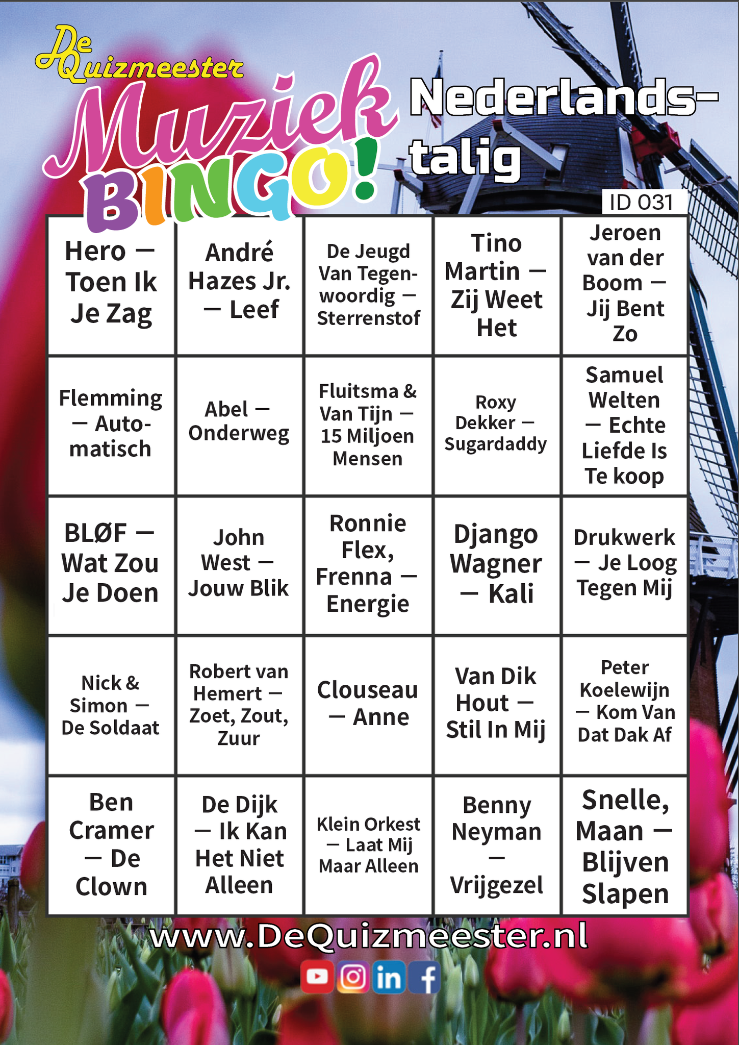 Muziekbingo Nederlandstalig Hollands Nederland Muziek bingo