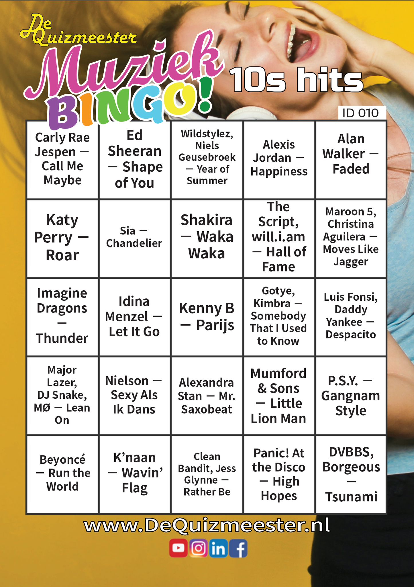 Muziekbingo 10s hits jaren 2010 Top 40 liedjesbingo
