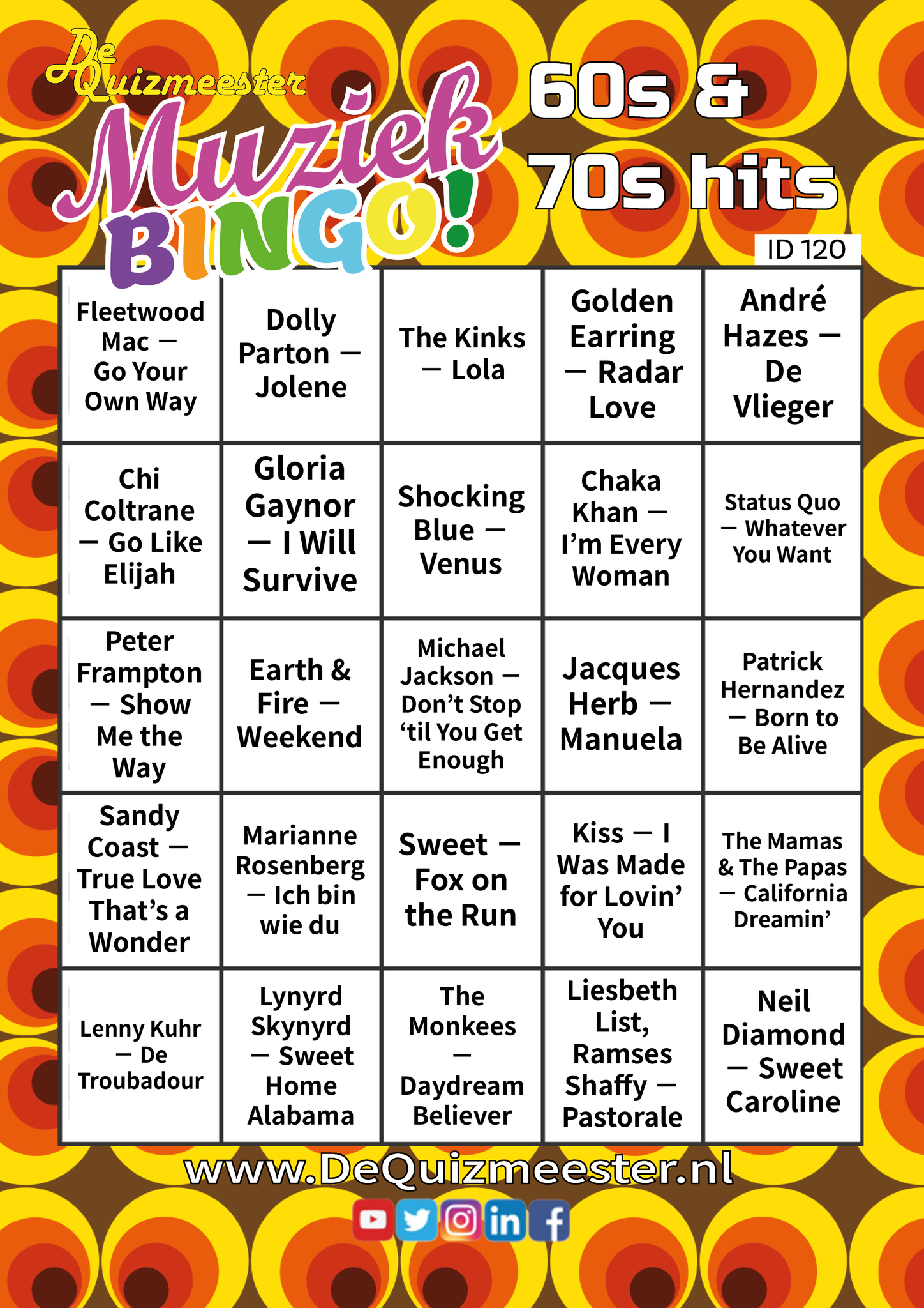 Muziekbingo jaren 60 en 70