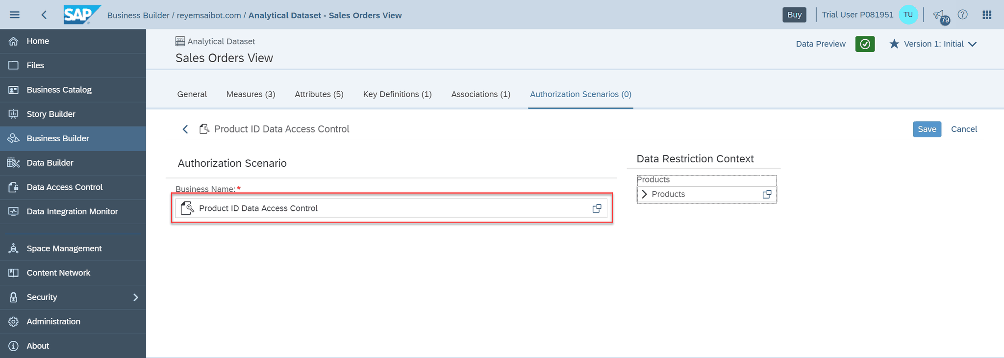 SAP Data Warehouse Cloud Define Authorization Scenario on Analytical Dataset