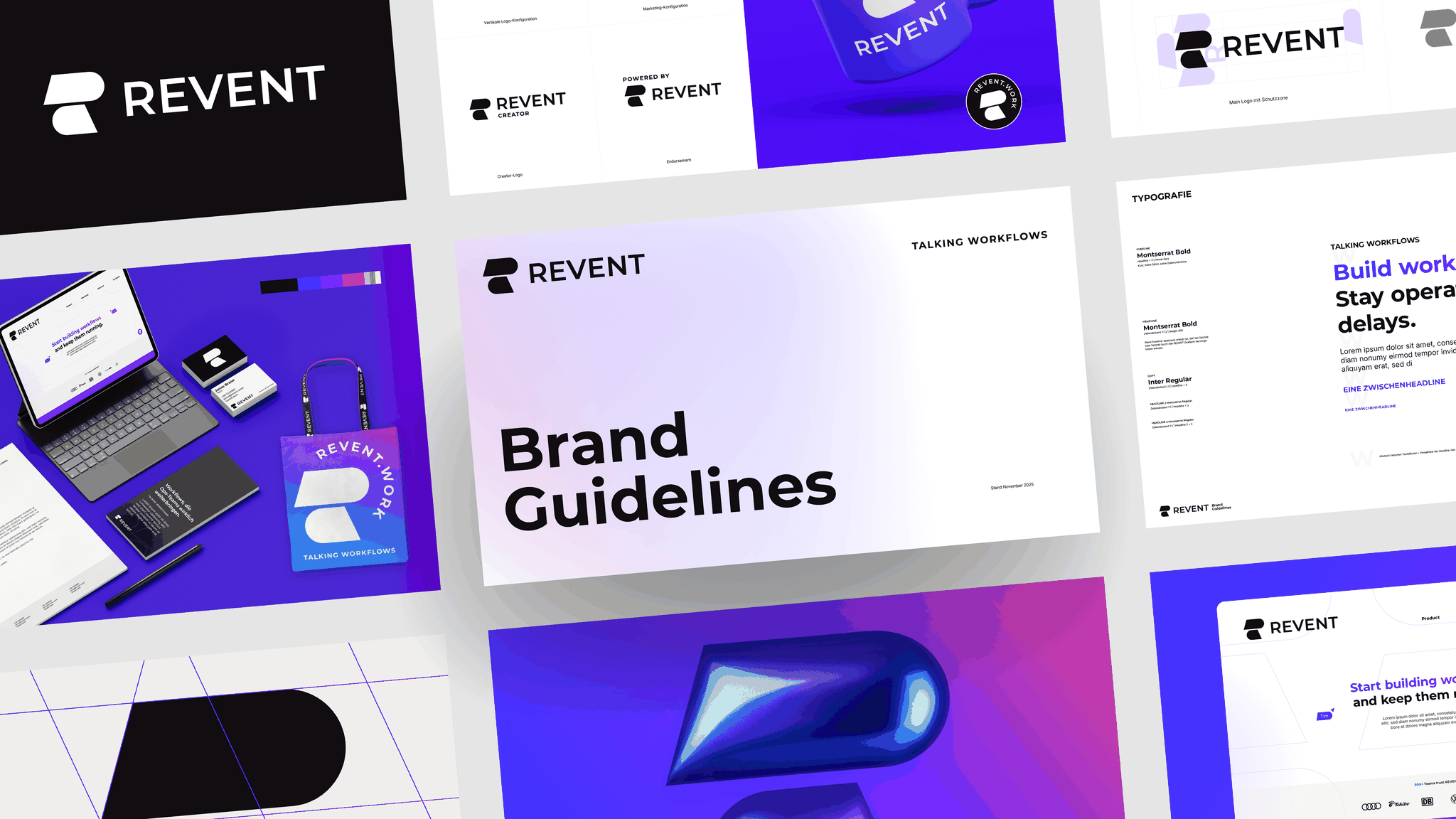 Mehrere Seiten eines Brand-Design-Styleguides mit Farben und Typografie für eine Technologie-Marke