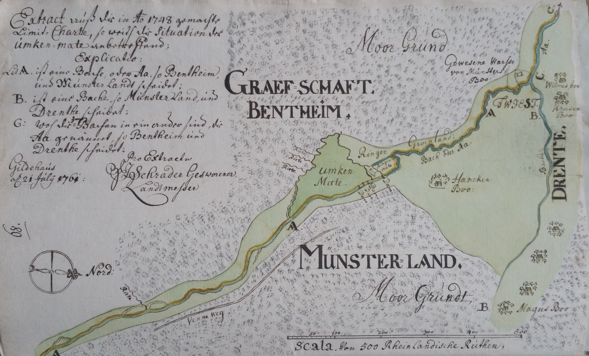 kaart in verband met grensgeschil tussen Drenthe, Bentheim en Münster 1761