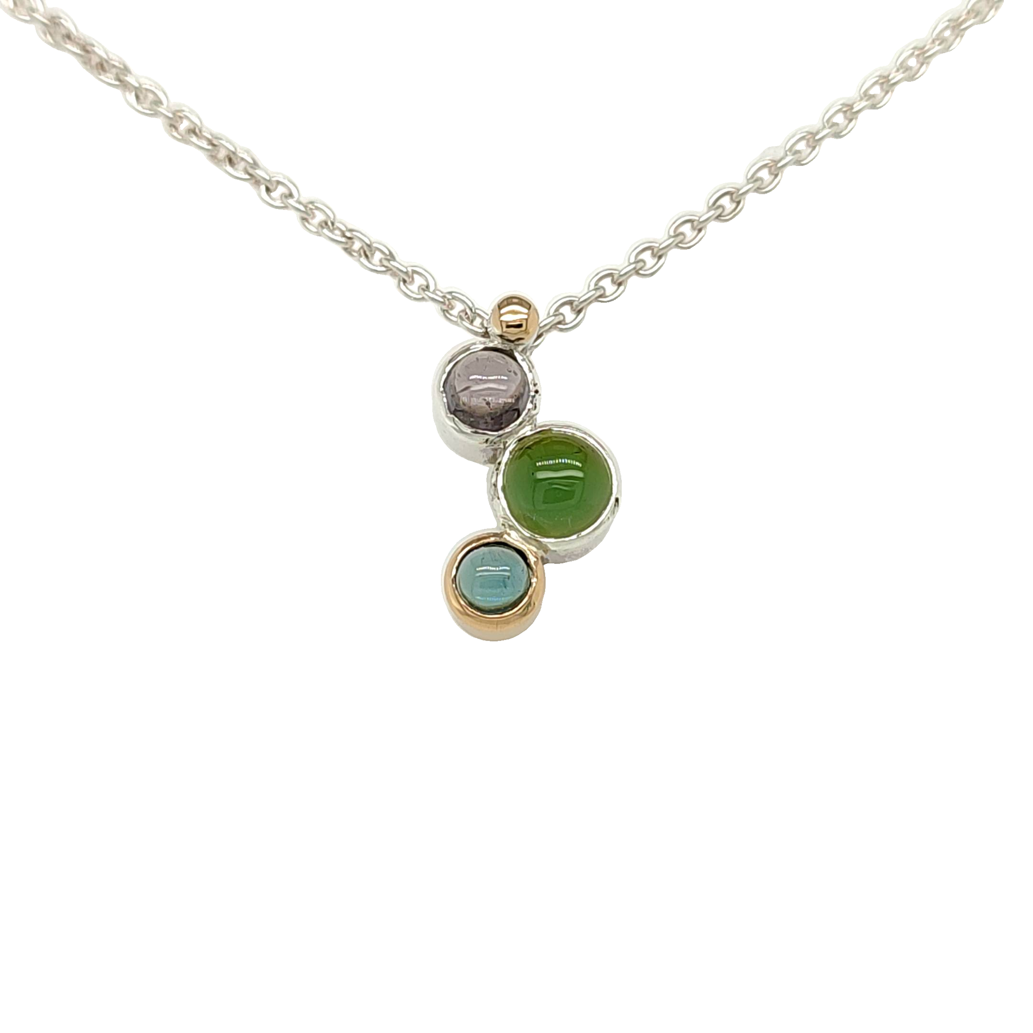 Pendentif "chute" et sa chaîne en argent 925, or 750 et trois tourmalines