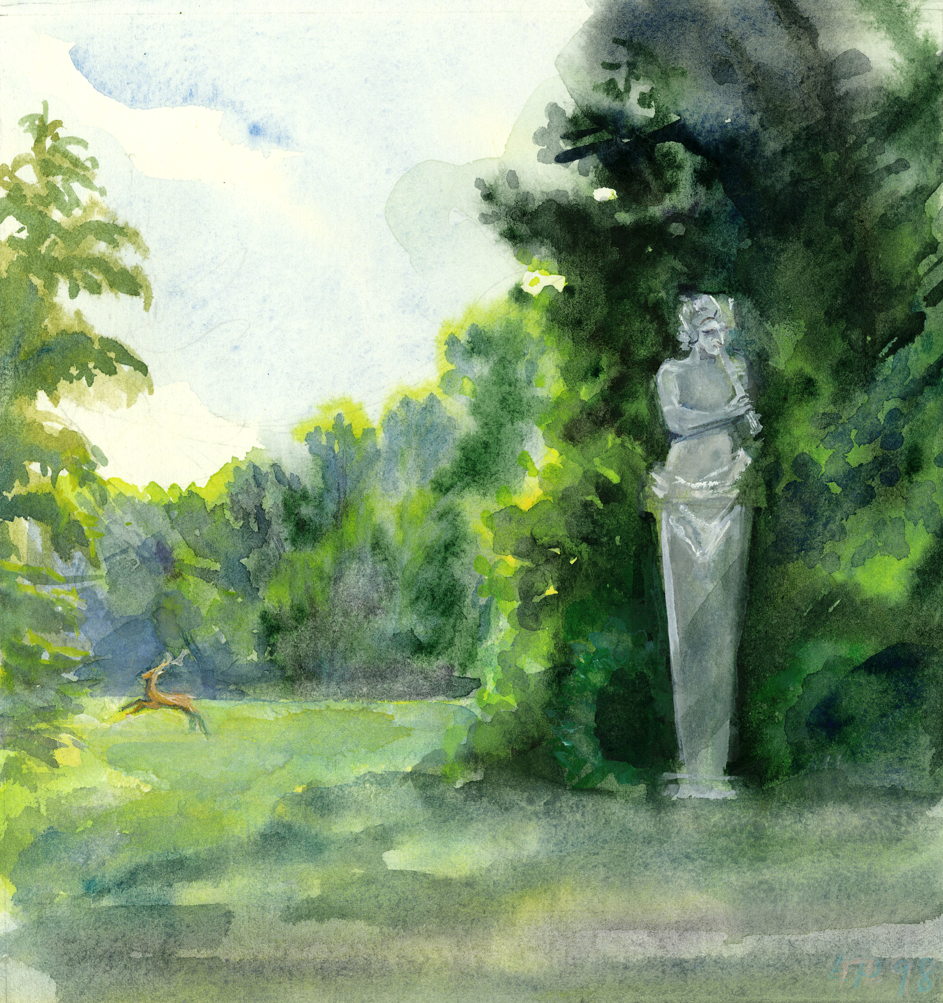 Faun und deer in Park Charlottenhof. 1998.  Tinted paper, water color, white.
