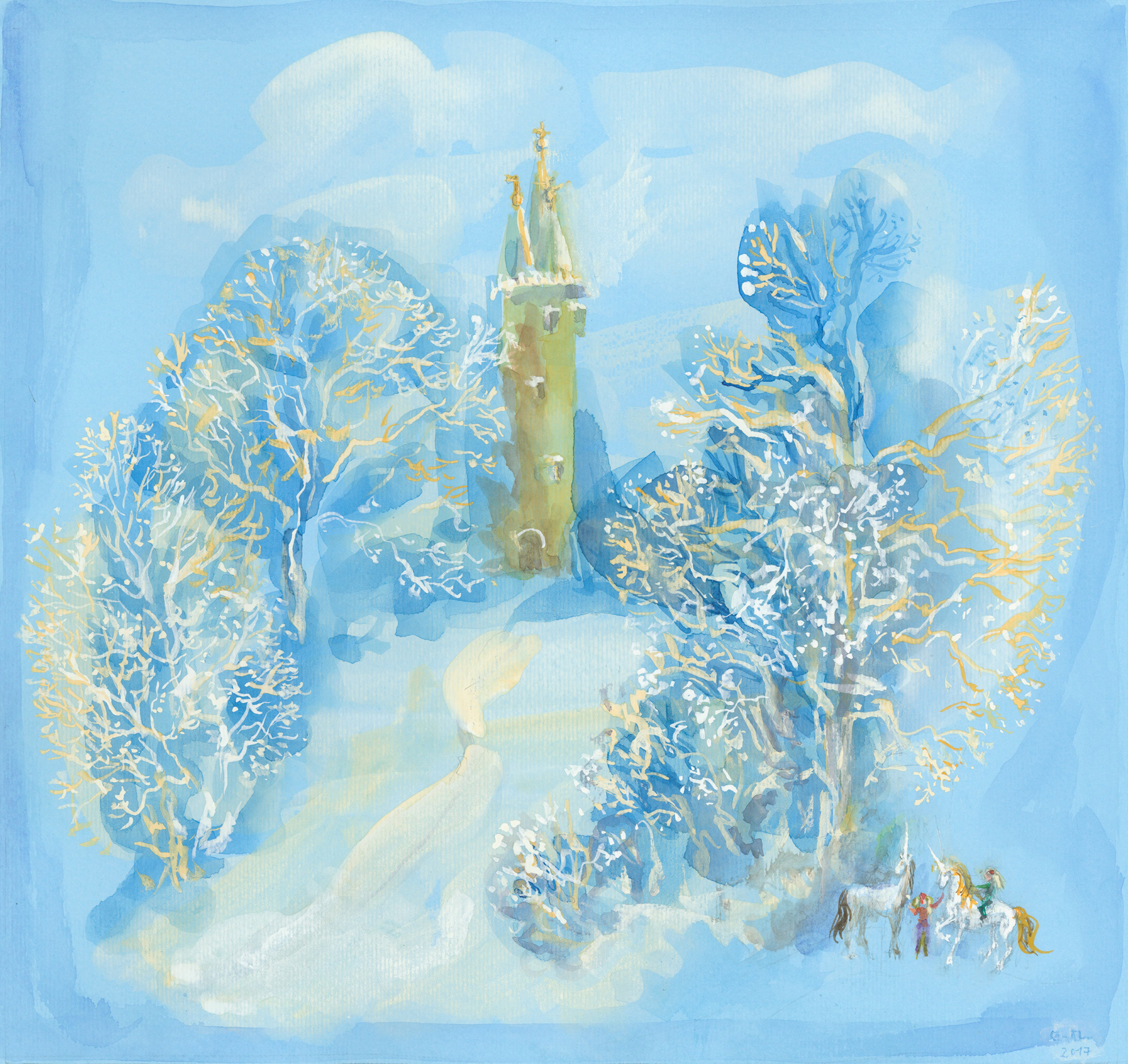 Flatow Tower in a fairy tale. 2016.  Tinted paper, water color, white.