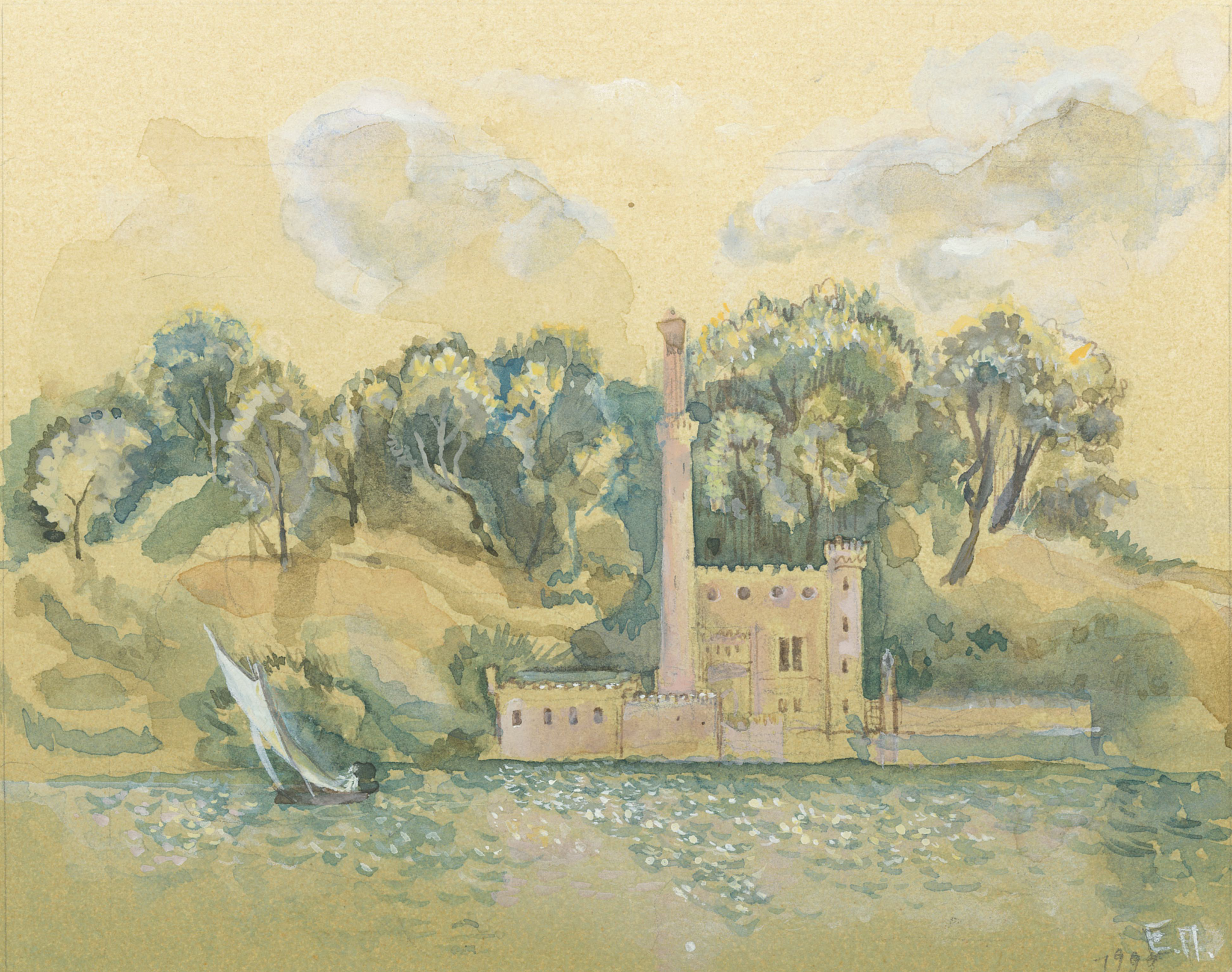 Steam-powered pump house in Park Babelsberg. 1997. Tinted paper, water color.