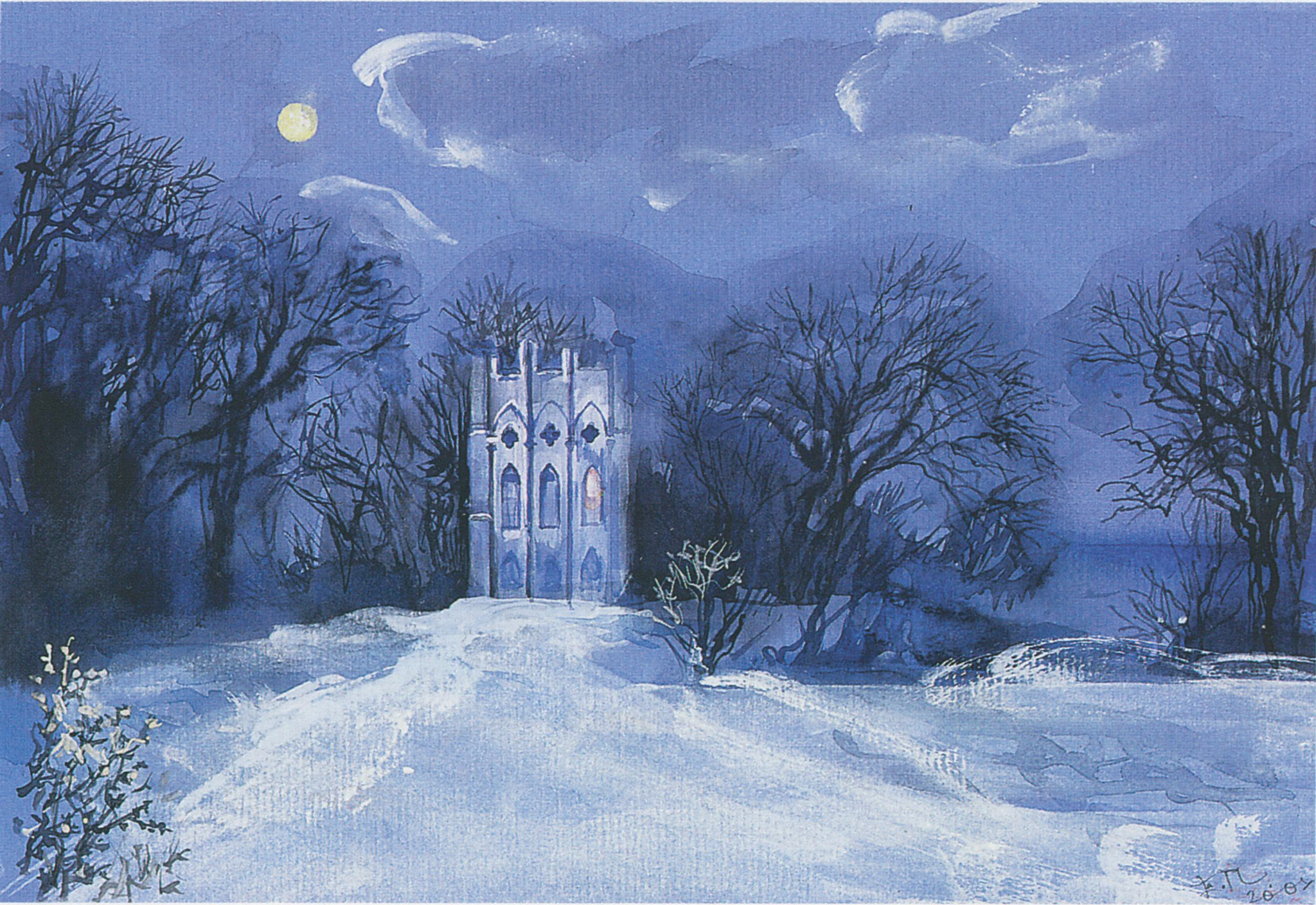 Meierei auf der Pfaueninsel. 2001.  Getöntes Papier, Aquarell, Deckweiß.