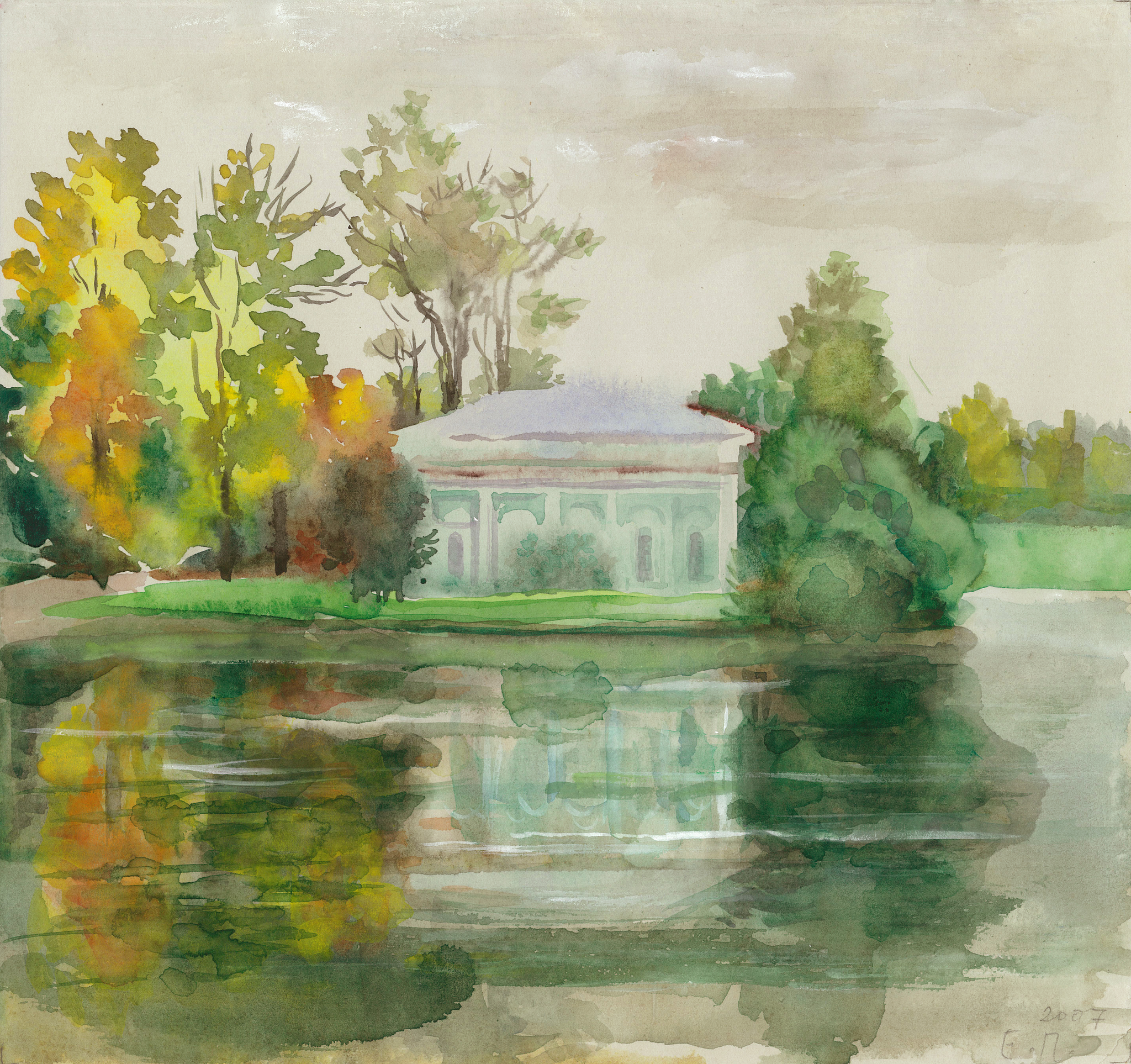 Hall on the Island in Tsarskoye Selo by rain. 2007. Paper, water color, white.