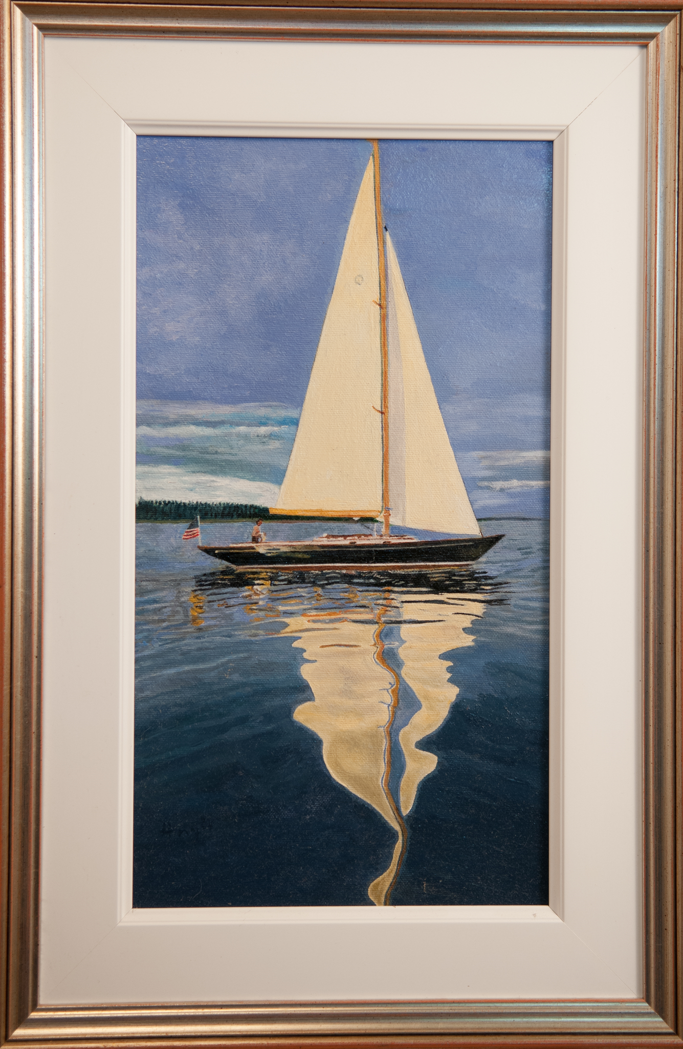 Quadro Olio su Tela | Navigazione con Mare Calmo | Dimensioni: 21x38.5 cm - 34.5x52 cm (con cornice)