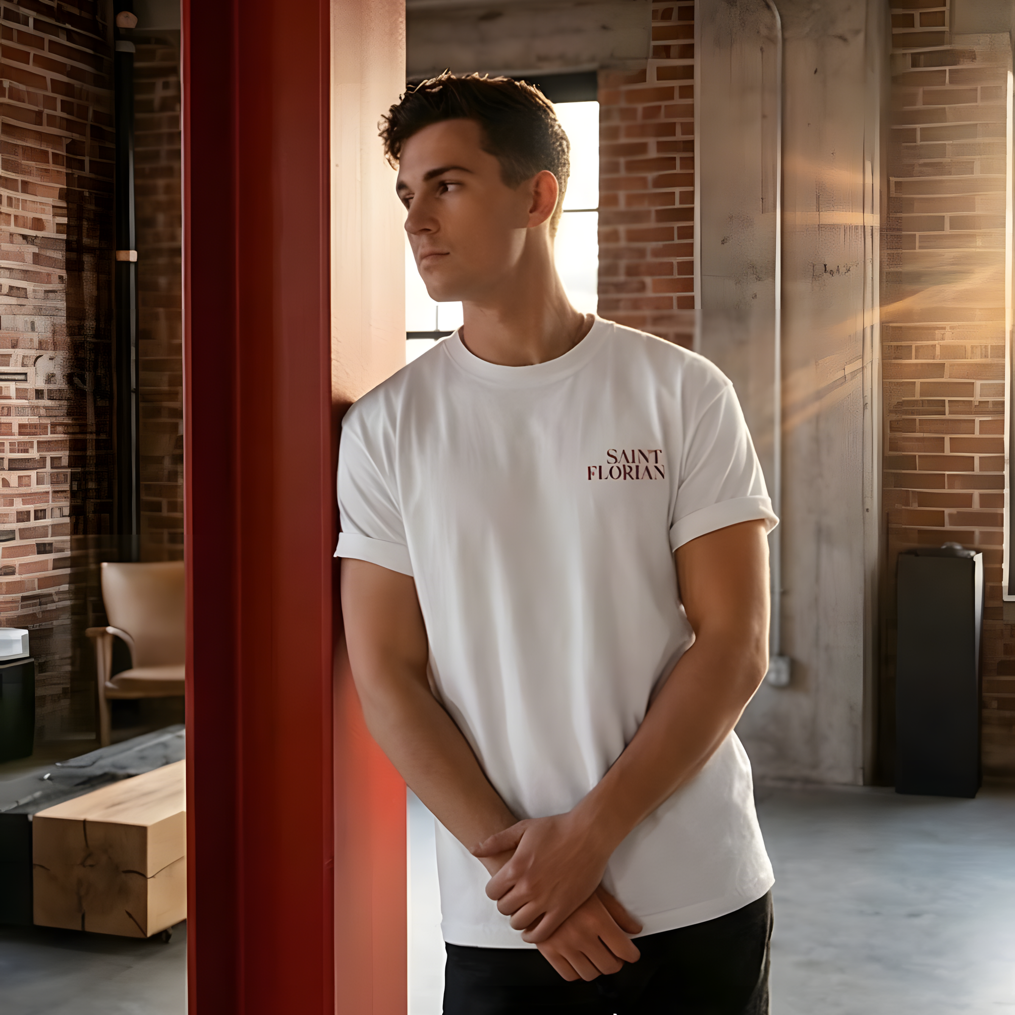Model trägt weißes Feuerwehr T-Shirt mit kleinem Saint Florian Brustprint. Lässige 112 Style Streetwear & Geschenk für Kameraden