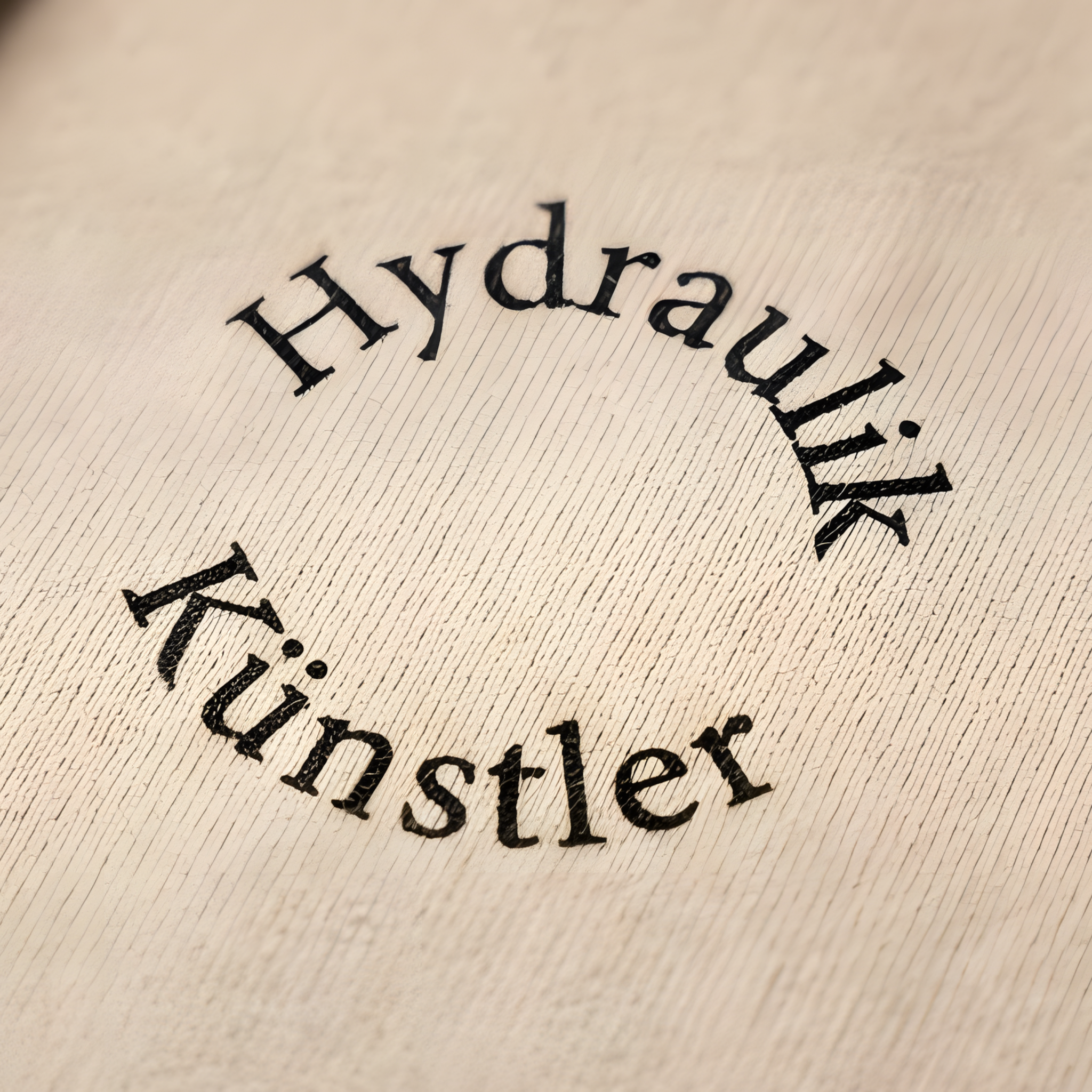 Nahaufnahme des runden Brust-Logos auf sandfarbenem Stoff mit dem im Kreis geschwungenen, schwarzen Schriftzug „Hydraulik Künstler“.