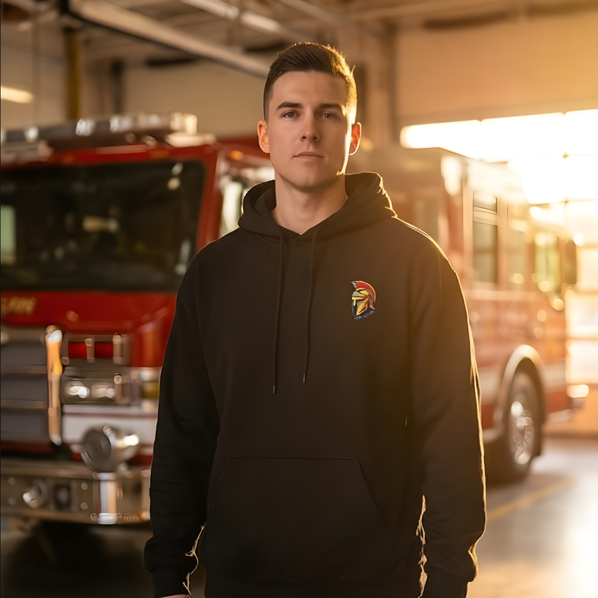 Schwarzer Unisex-Hoodie mit kleinem, farbigem Helm-Logo auf der Brust, getragen von einem Mann vor einem roten Feuerwehrfahrzeug in einer Halle.