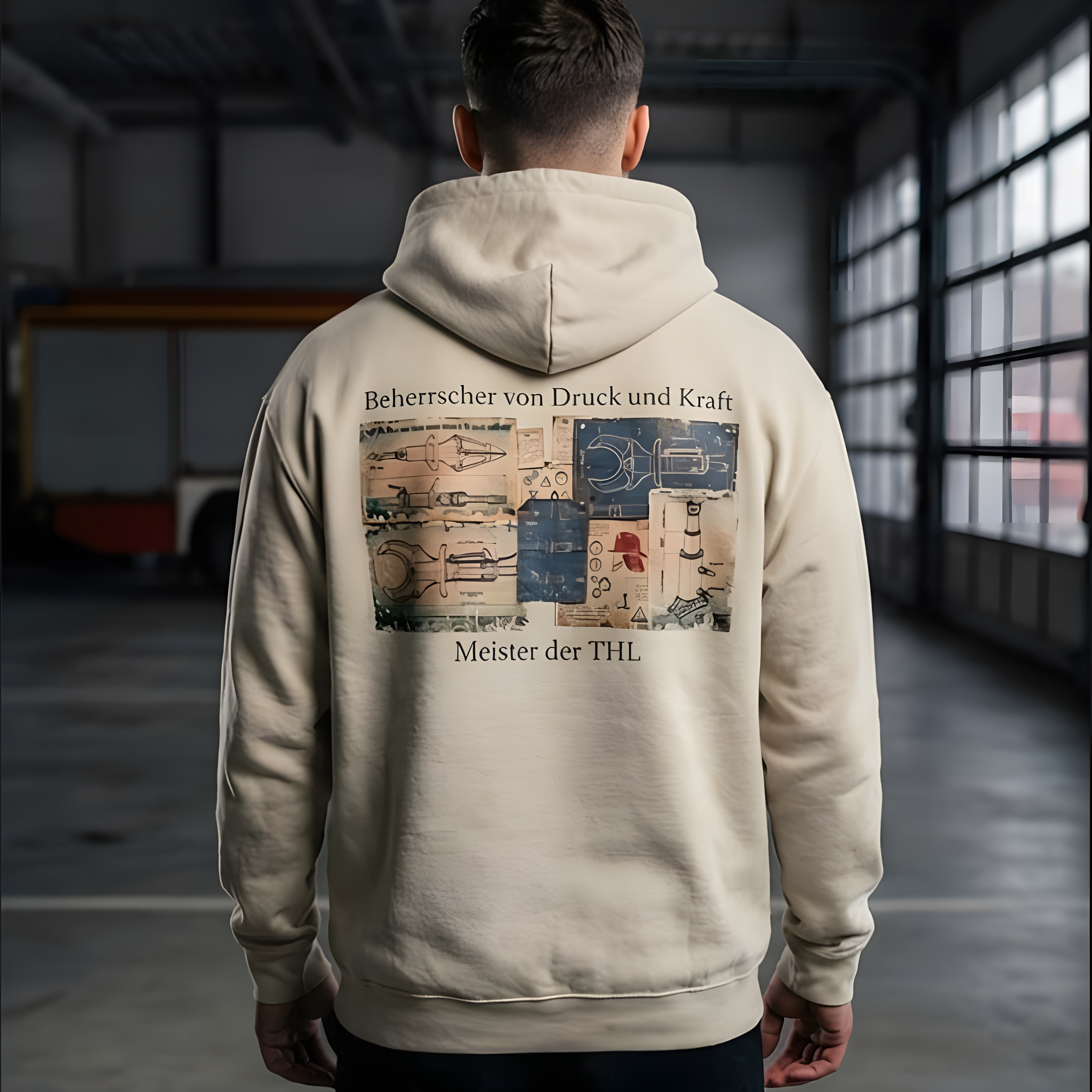 Rückansicht eines beigen Hoodies mit großem Grafikprint, Werkzeug-Zeichnungen und dem Text „Beherrscher von Druck und Kraft – Meister der THL“.
