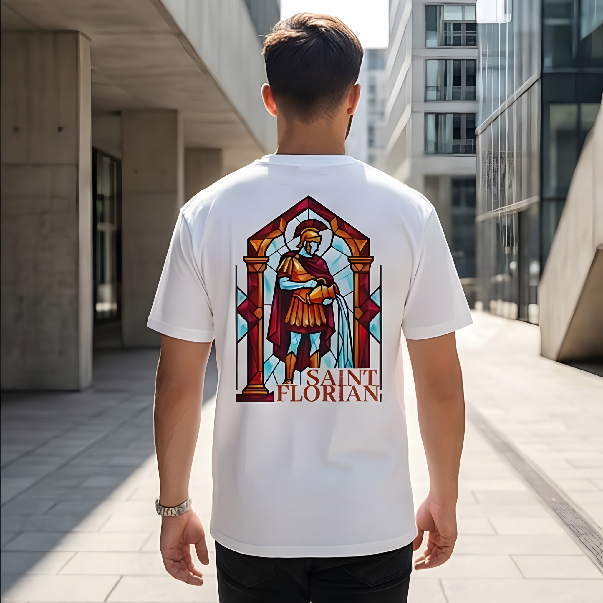 Model trägt weißes Feuerwehr T-Shirt mit großem Saint Florian Rückenprint im Mosaik Stil. Geschenk Idee für Freiwillige Feuerwehr.