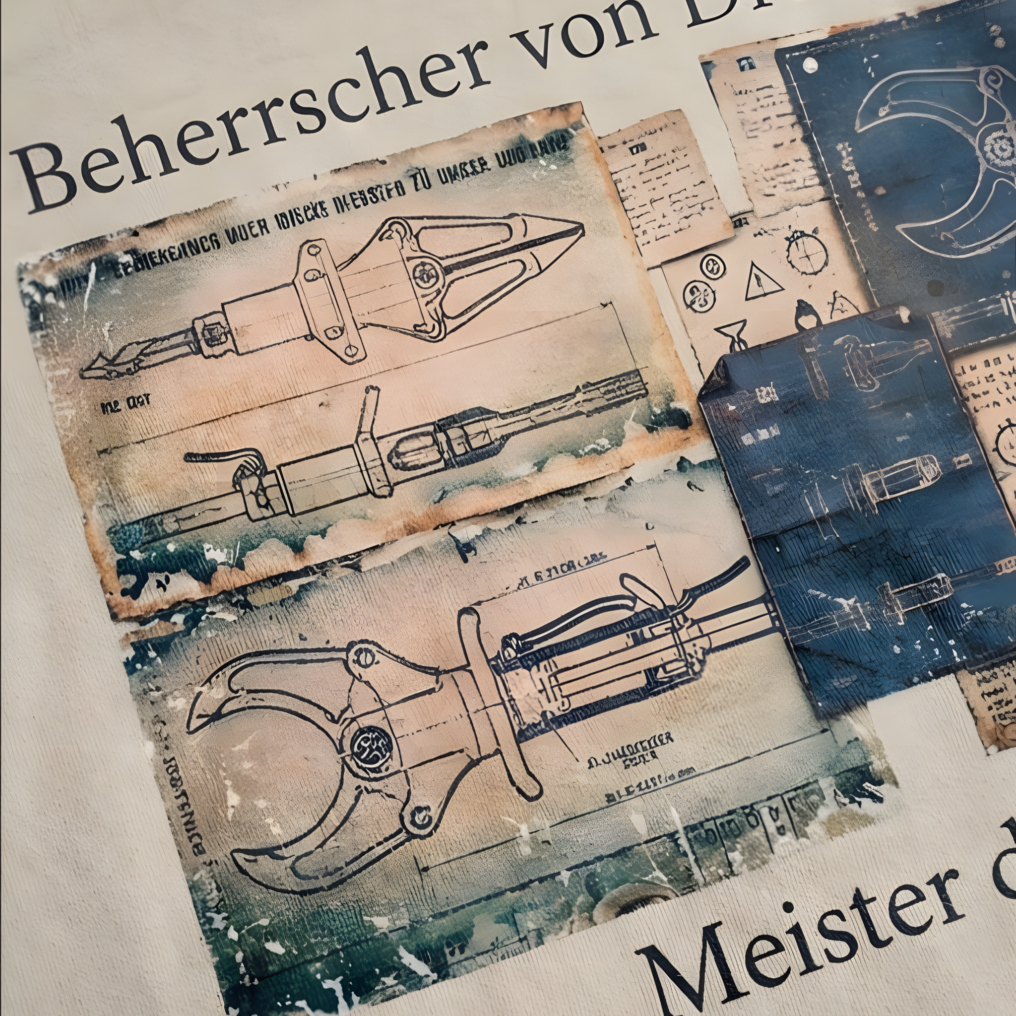 Nahaufnahme des Hoodie-Prints mit technischen Blaupausen und Zeichnungen von hydraulischen Rettungsgeräten wie Schere und Spreizer.