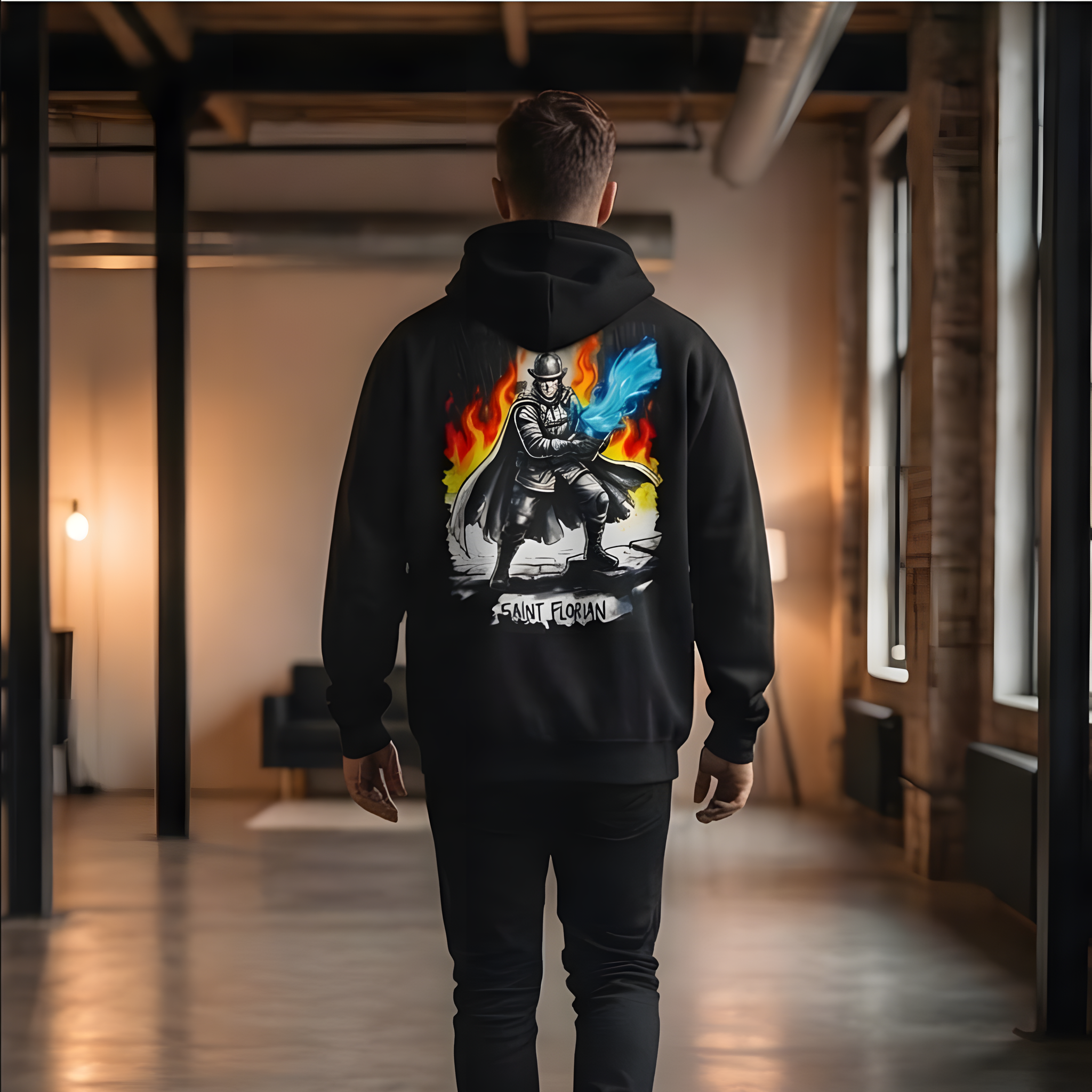 Schwarzer Feuerwehr-Hoodie mit großem „Saint Florian“ Backprint. Hochwertiger Kapuzenpullover für Feuerwehrleute in moderner Loft-Umgebung.