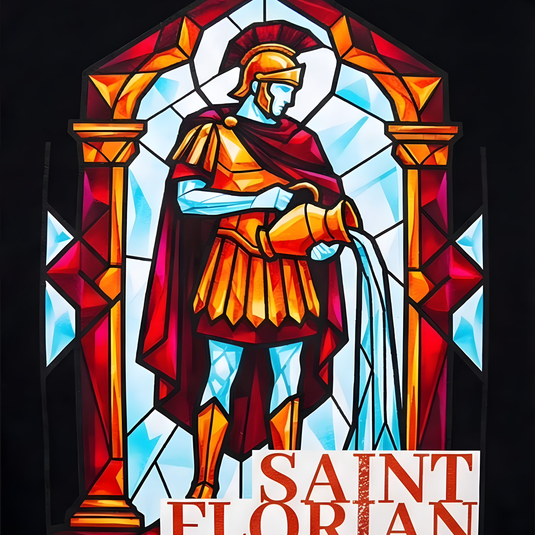 Detailansicht des Saint Florian Prints auf Feuerwehr T-Shirt im farbenfrohen Mosaik Kirchenfenster Stil. Hochwertiger Textildruck.
