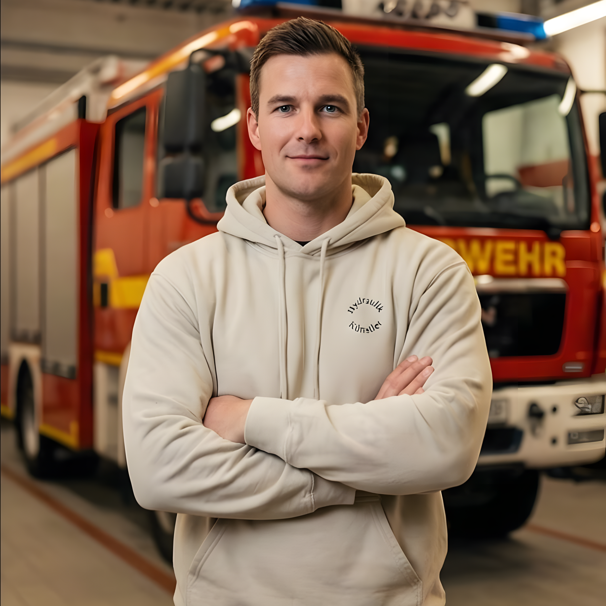 Ein lächelnder Mann in einem beigen Hoodie mit Logo steht mit verschränkten Armen vor einem roten Feuerwehrfahrzeug.