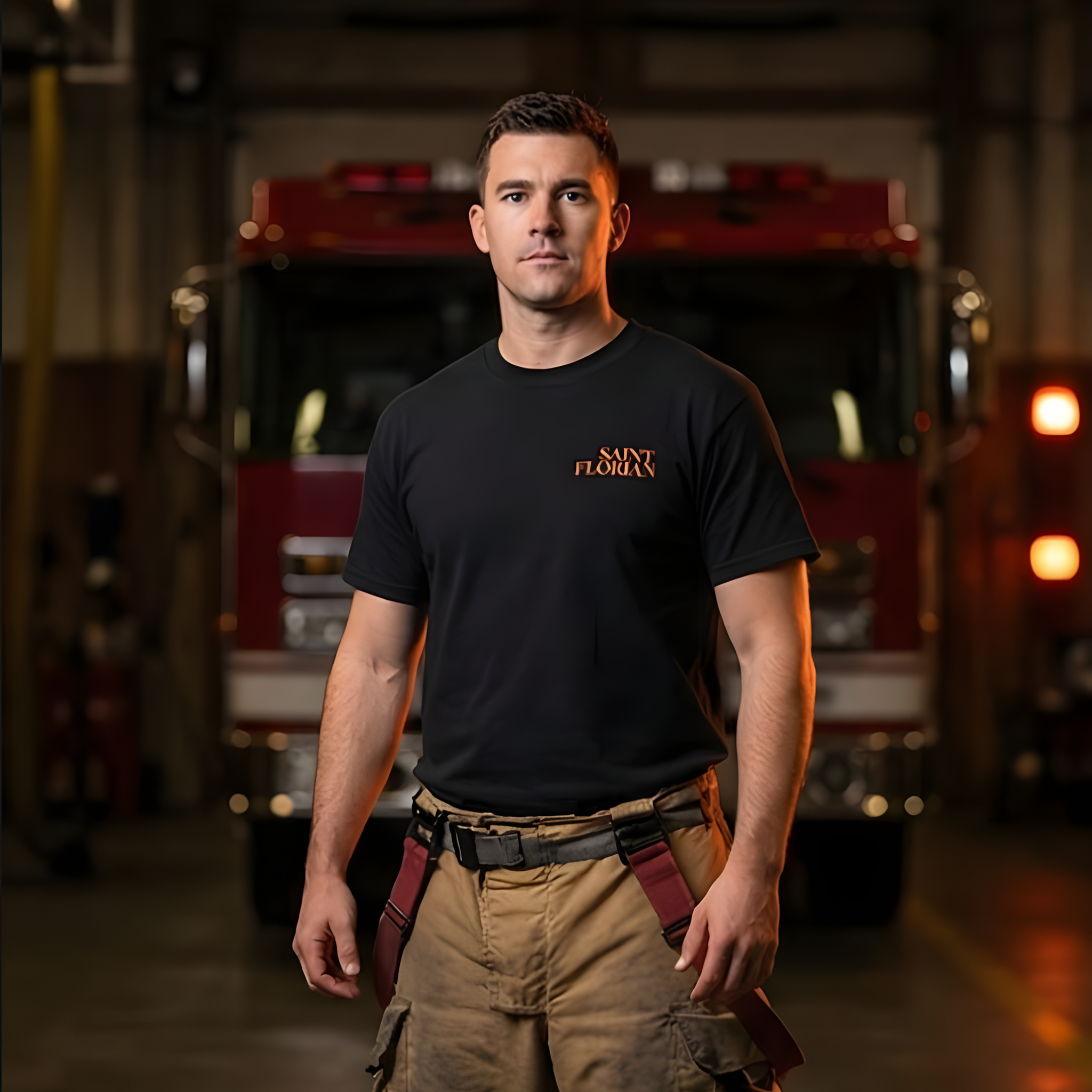 Model in Einsatzhose trägt schwarzes Feuerwehr T-Shirt mit Saint Florian Brustprint vor Feuerwehrfahrzeug. Geschenk für Kameraden.