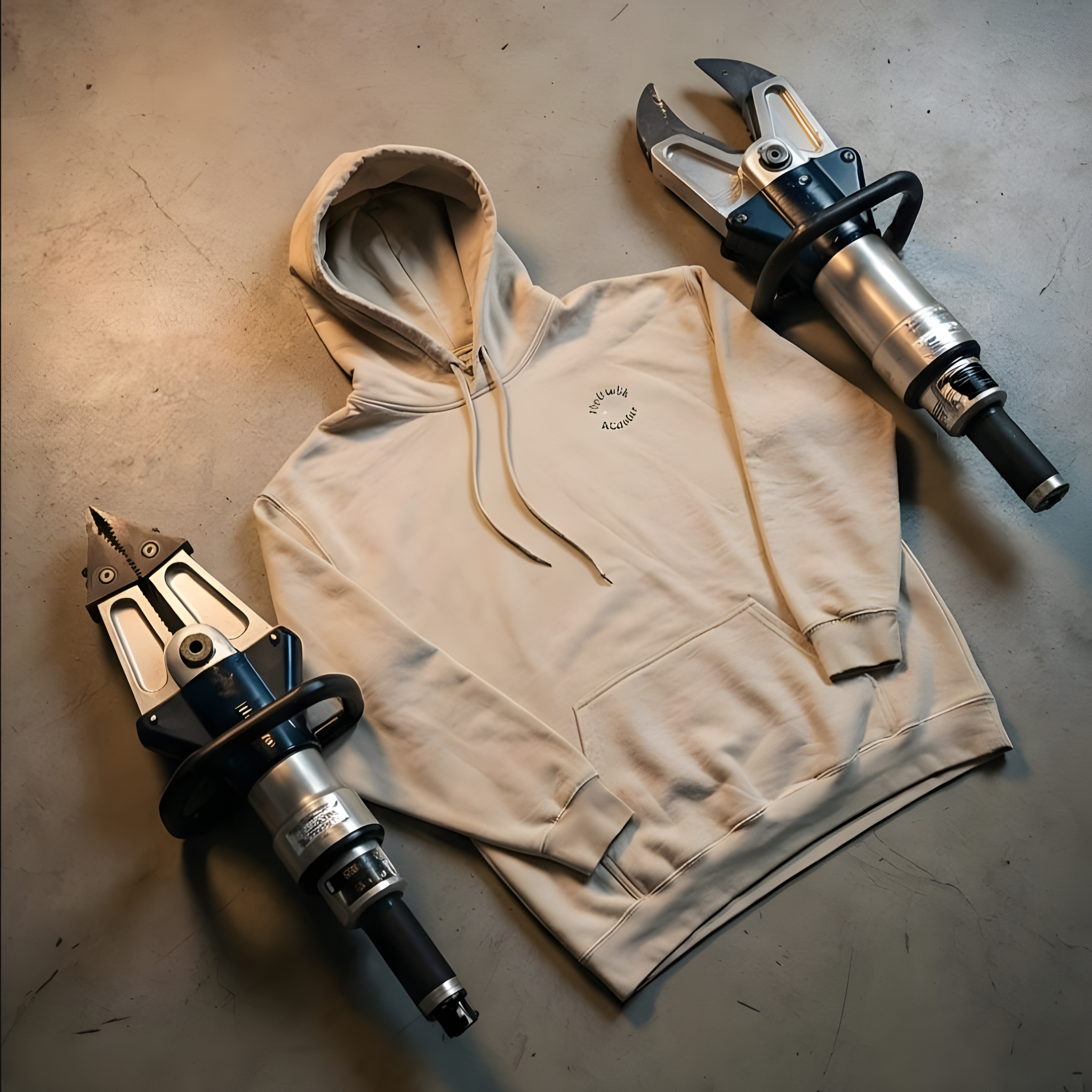 Beiger Kapuzenpullover flach liegend auf grauem Boden, eingerahmt von zwei schweren hydraulischen Rettungsgeräten (Schere und Spreizer).