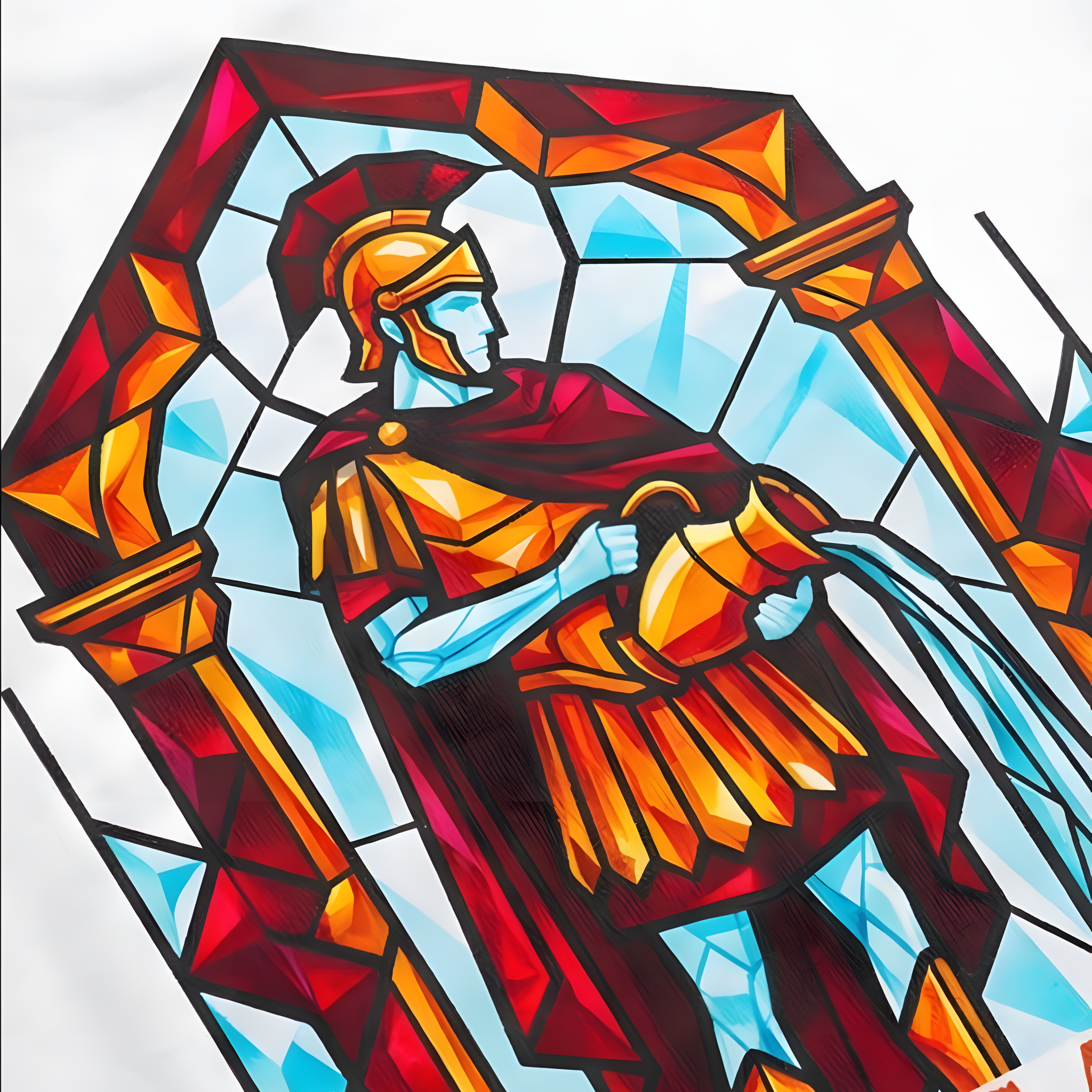 Detailansicht des Saint Florian Prints auf weißem Feuerwehr T-Shirt. Farbenfrohes Mosaik Kirchenfenster Design für Retter Kleidung.