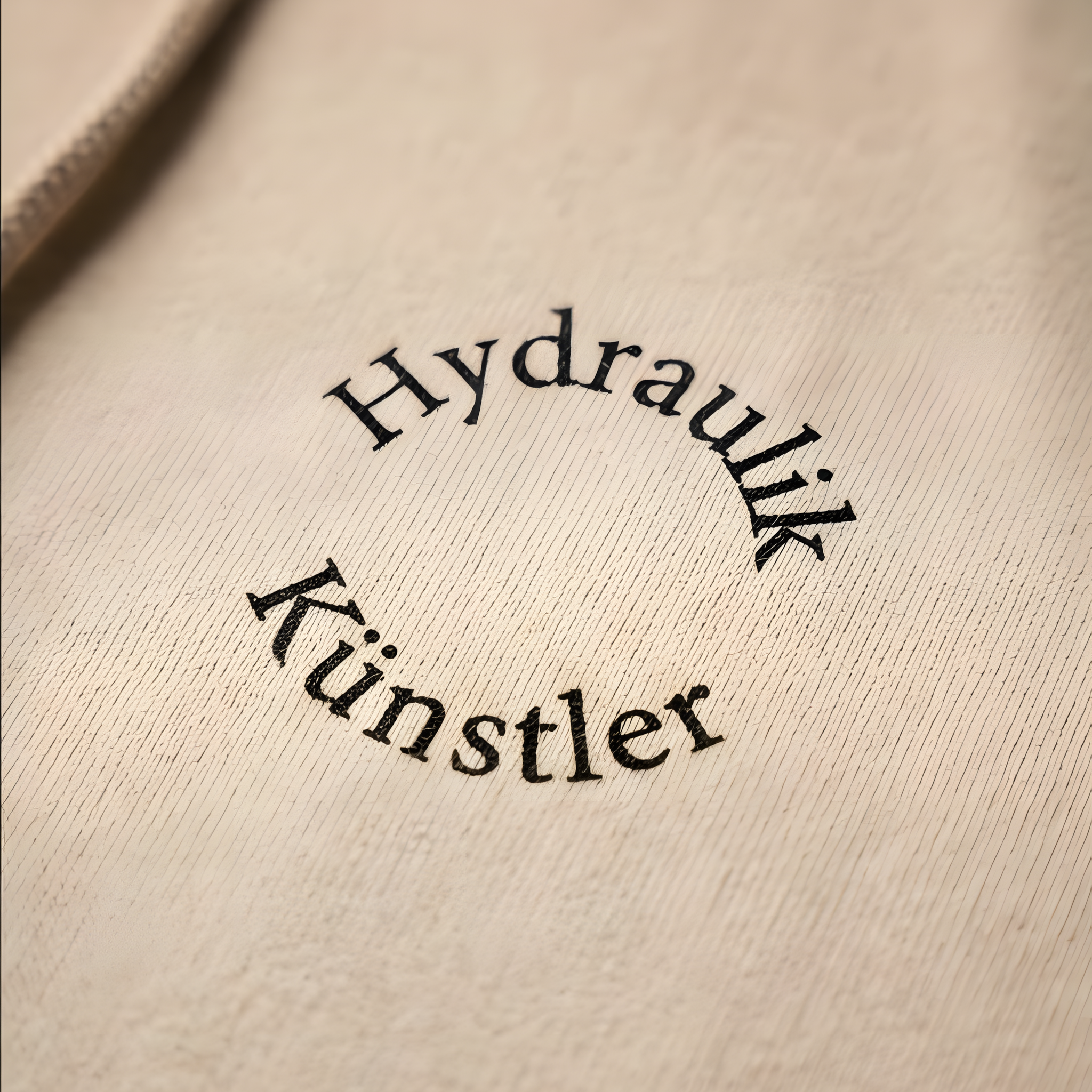 Nahaufnahme des runden Brust-Logos auf dem beigen Stoff des Hoodies mit dem geschwungenen Schriftzug „Hydraulik Künstler“.