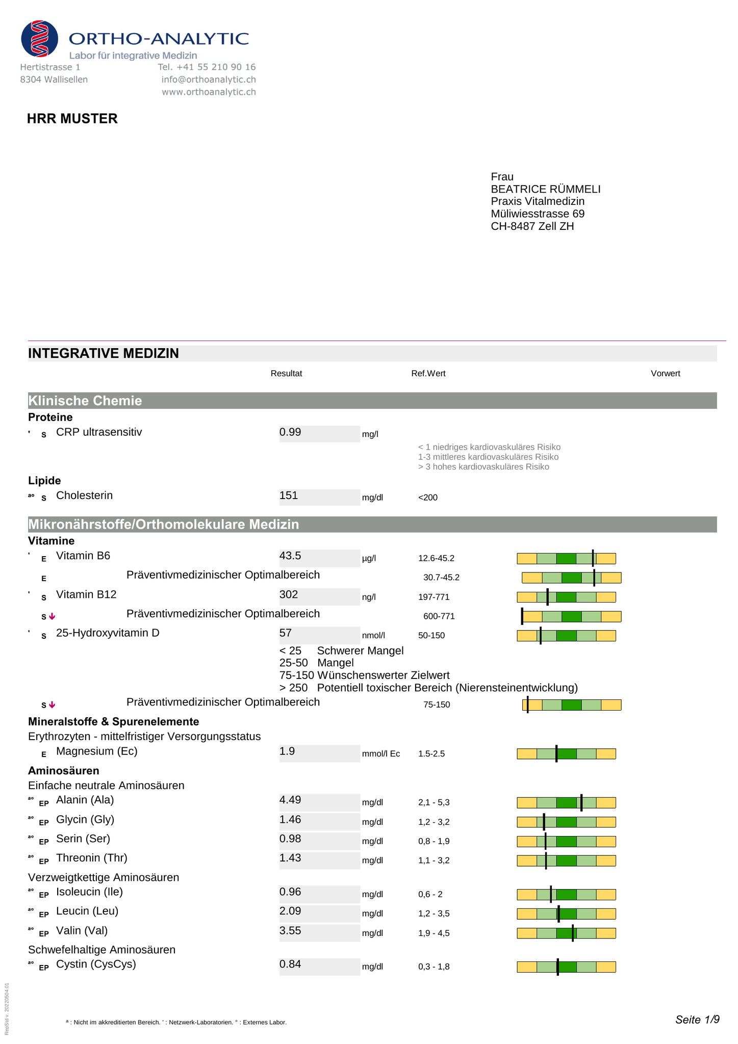 Laborauswertung einer Mikronährstoffanalyse zeigt Vitamine, Mineralstoffe und Spurenelemente bei Vitalmedizin Winterthur