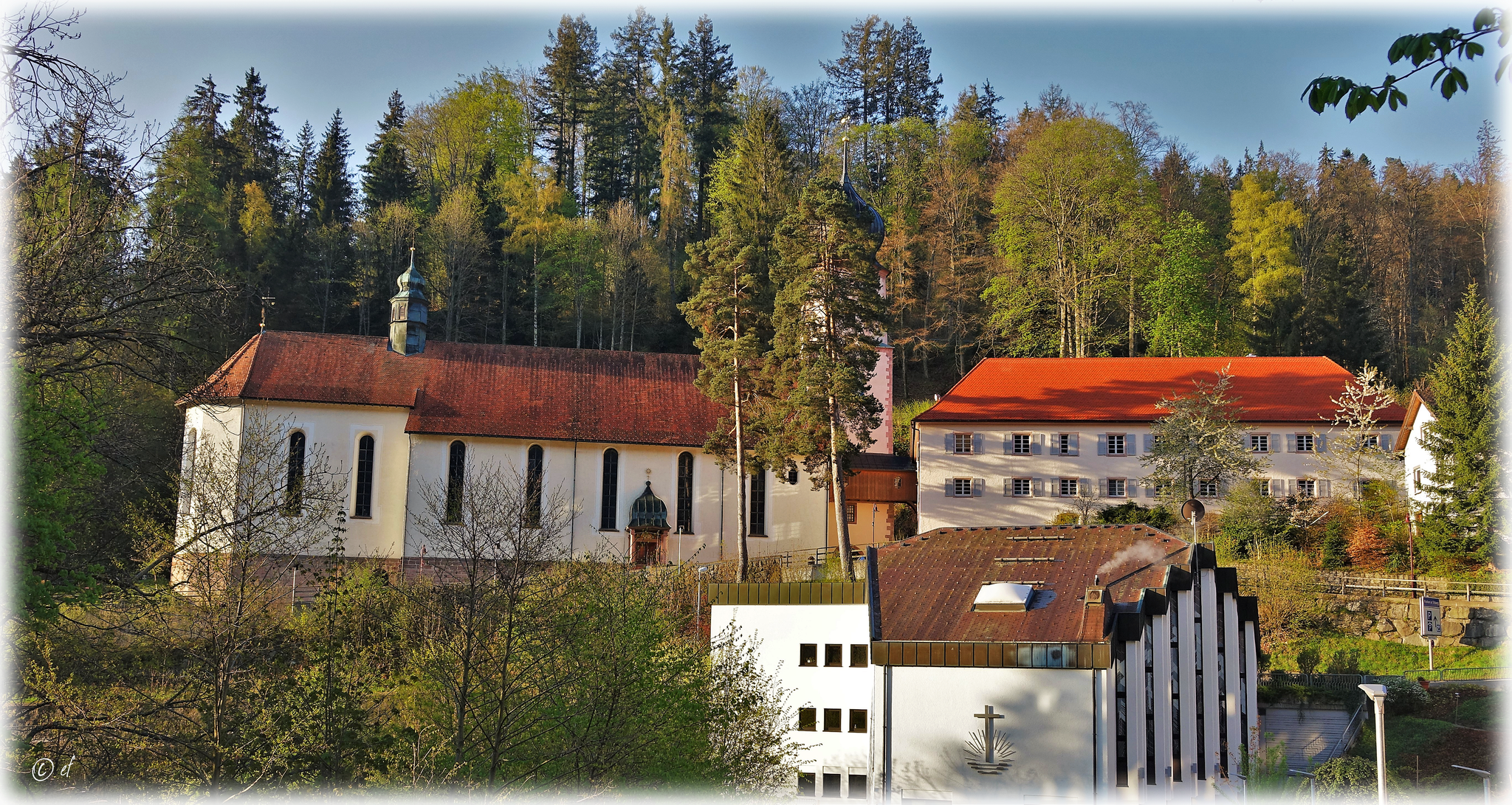 Neuapostolische Kirche & Wallfahrtskirche (mit den zwei großgewachsenen Kiefern) in Triberg