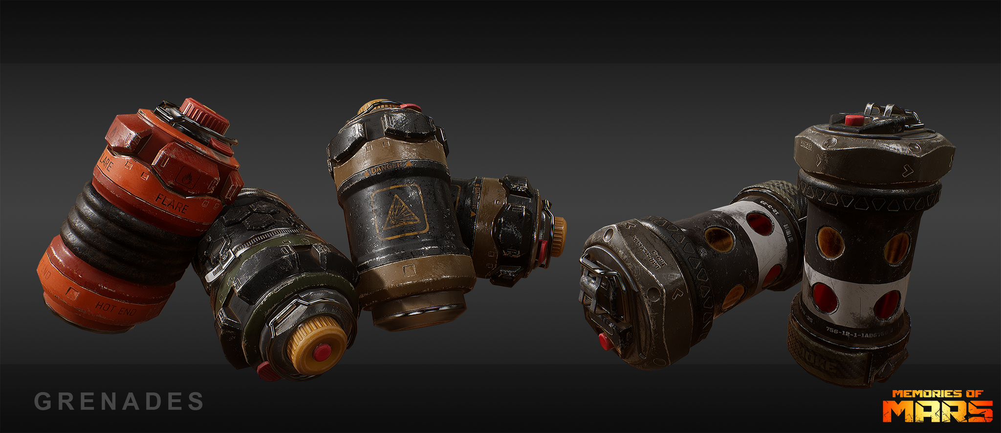 Flare, frag, explosive and smoke grenade for Memories of Mars. First person ingame model.