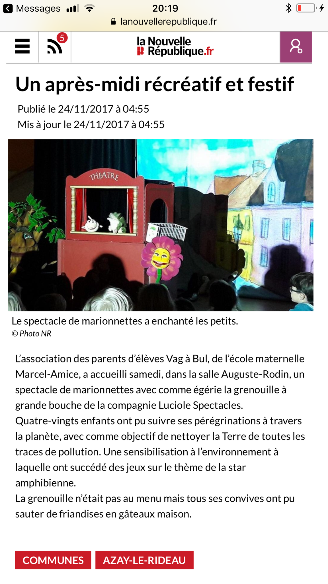 Article sur La Grenouille à Grande Bouche nettoie la Planète à Azay le Rideau-Région Centre-novembre 2017