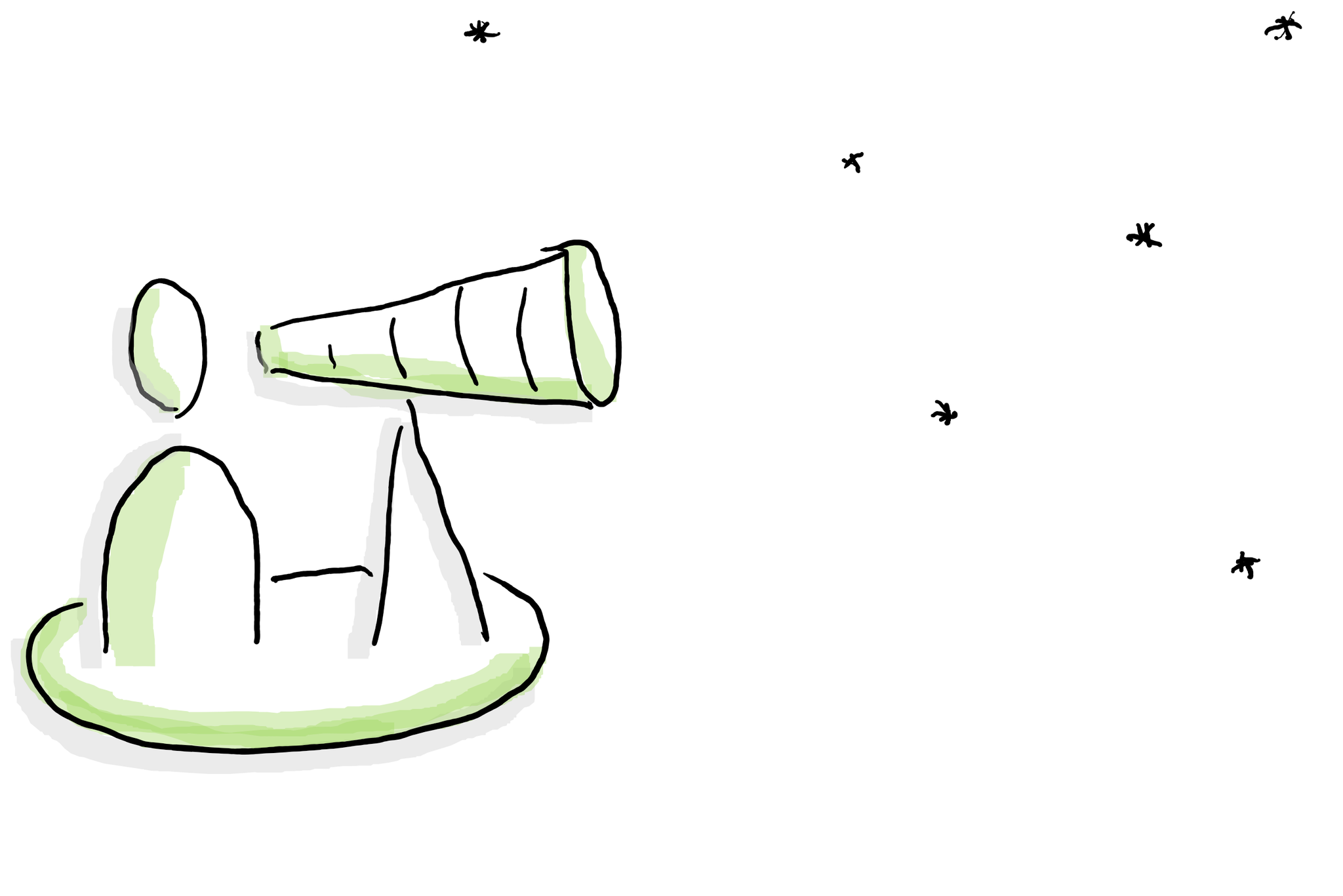 Illustration einer Person, die durch ein Teleskop in einen sternförmigen Nachthimmel blickt.