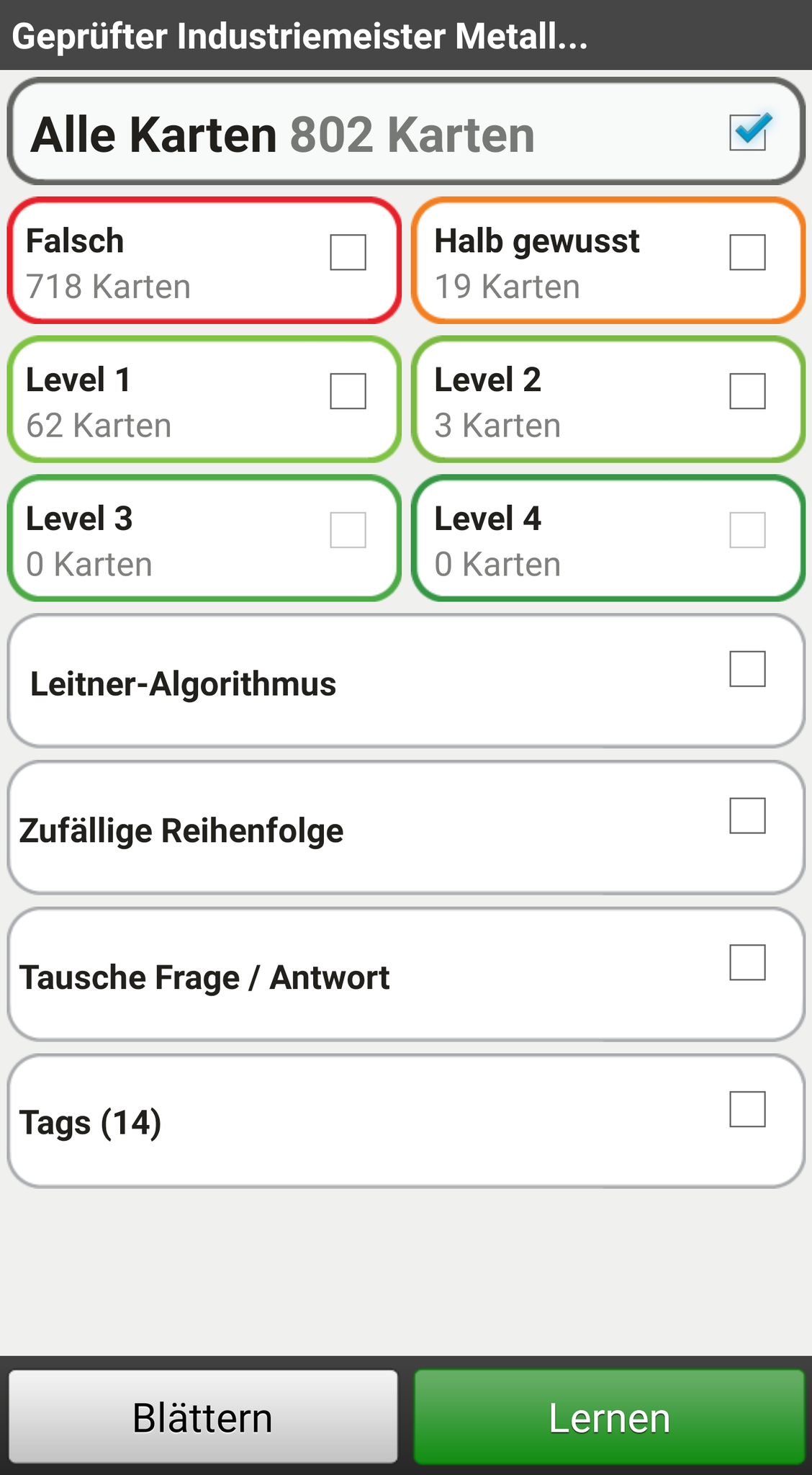 Lernkarten in der App - Übersicht