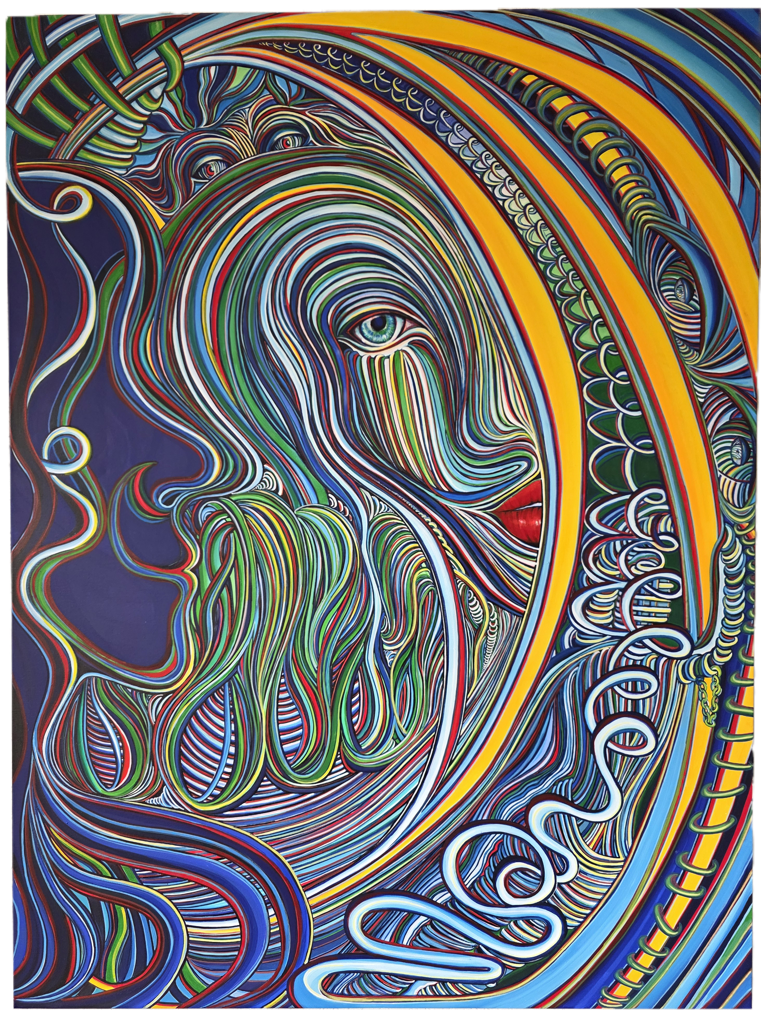 Zeitgenössische Malerei von Alexandra Mohr: großformatiges, buntes Acrylbild, Schlingen und Schlaufen dominieren das Bild, zwei bunte ähnliche Augen beobachten, eine Gesichtshälfte die mittig aus dem Bild kommt, rechts ein gefesselter ähnlicher Körper.