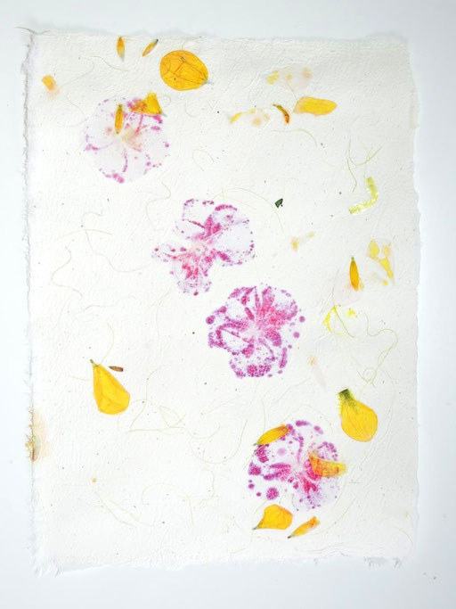 Handgeschöftes Papier mit Dahlien und Pelargonienblüten, Michaela Metzler, Mattsee, Östterreich